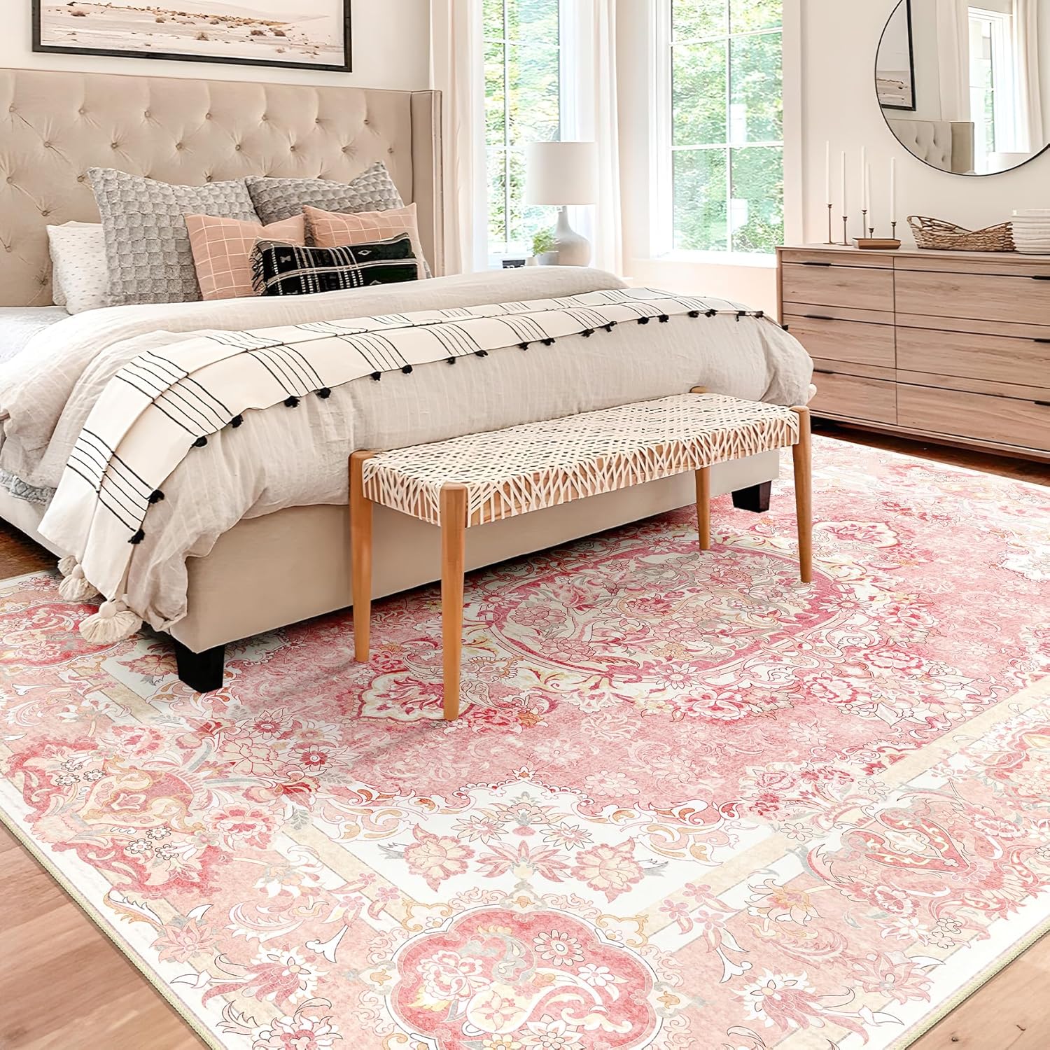 Boho Washable Area Rug 5x7, Vintage Floral Low Pile Non Slip Rug for Living Room Bedroom, Farmhouse Decorative Carpet,Blush Pink