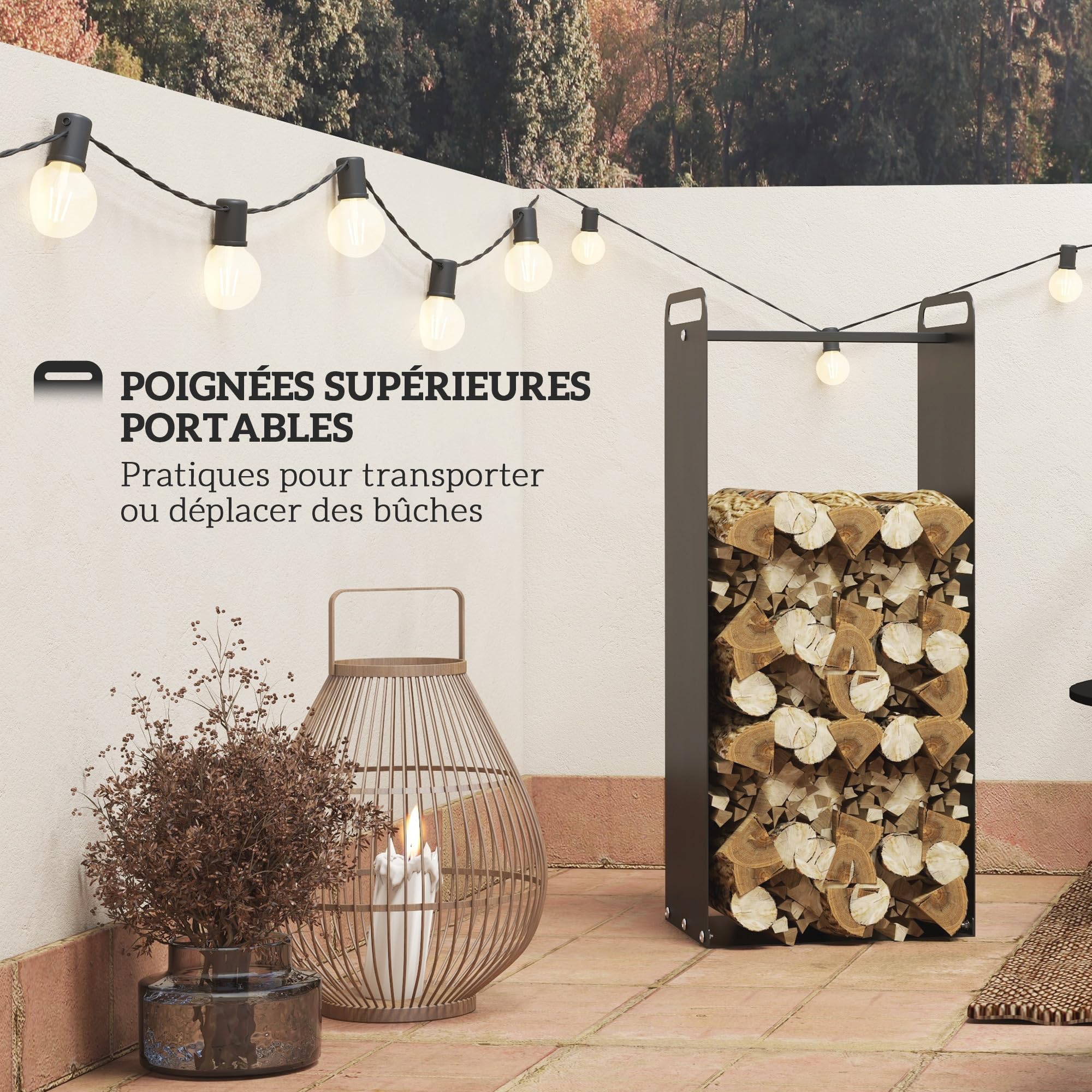 Outsunny Porte-bûches Intérieur Poignées Supérieures Acier 37x30x90cm Noir