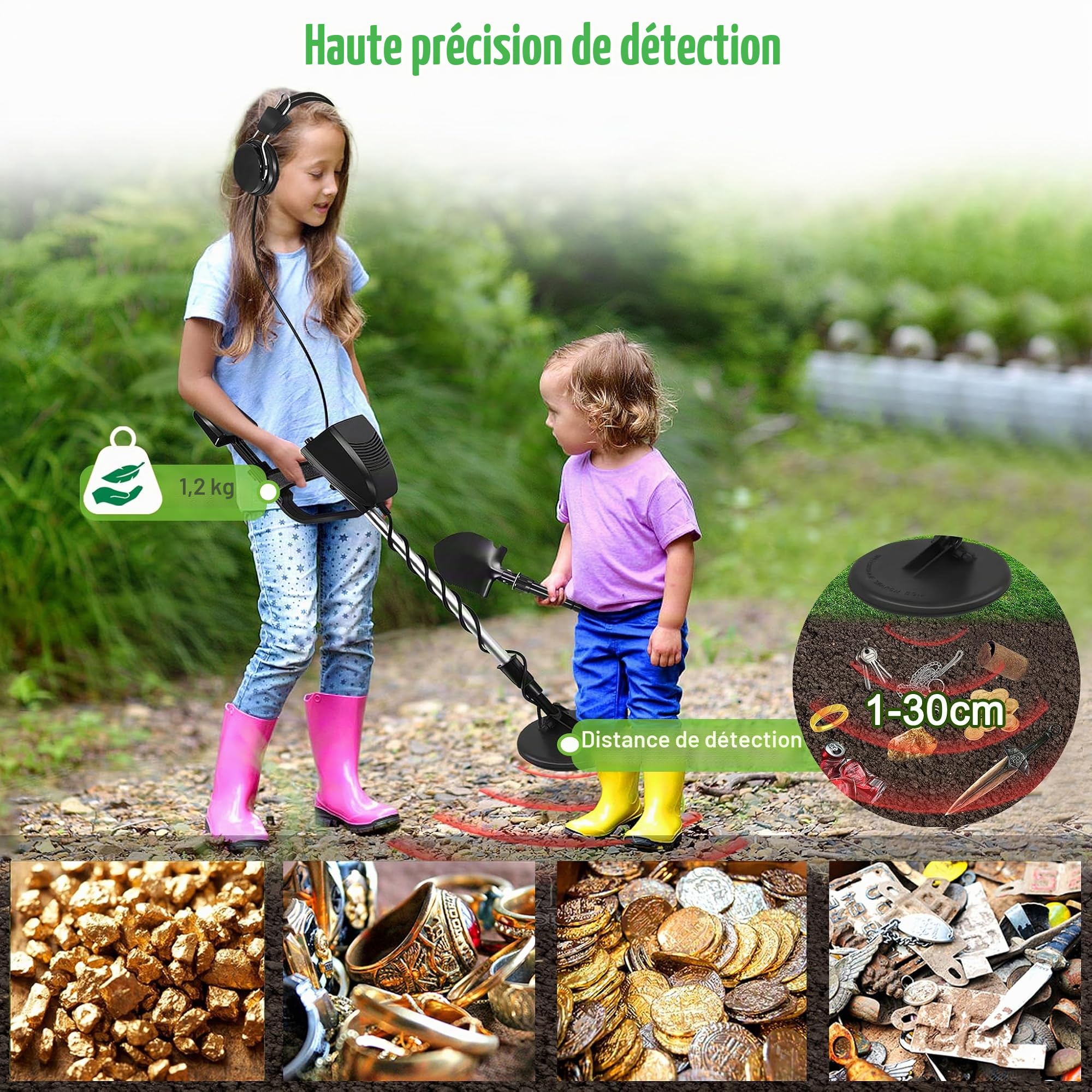 YRHome Kit de détecteur de métaux léger - 2 modes - Bobine de recherche - Sac de transport - Casque - Hauteur réglable - 30 cm