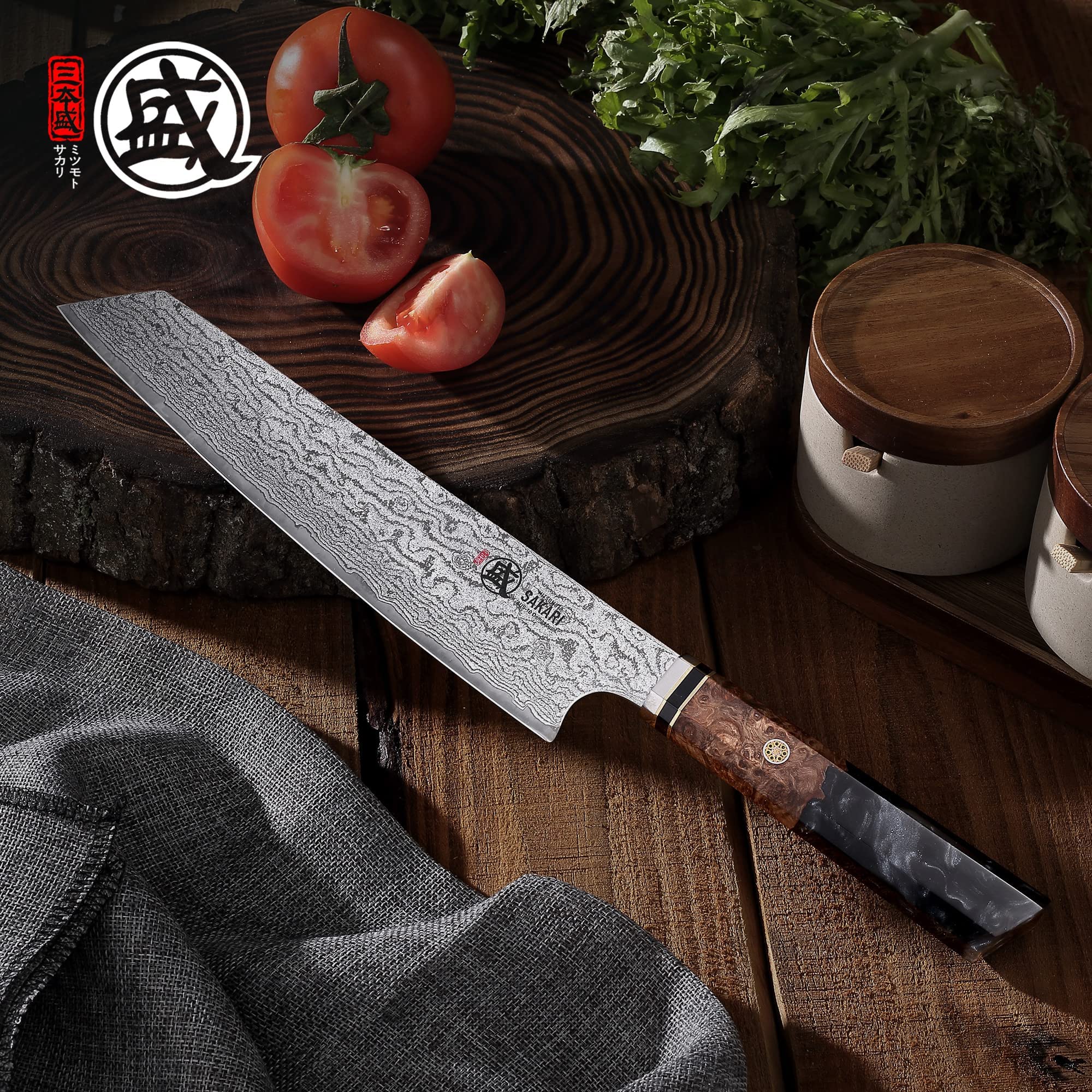 MITSUMOTO SAKARI 22 cm Cuchillos Cocina Kiritsuke, Cuchillo Chef Damasco | Cuchillos Cocina Forjado a Mano Profesional, Cuchillos Japoneses de Damasco AUS-10, Mango y Caja de Madera de Sándalo