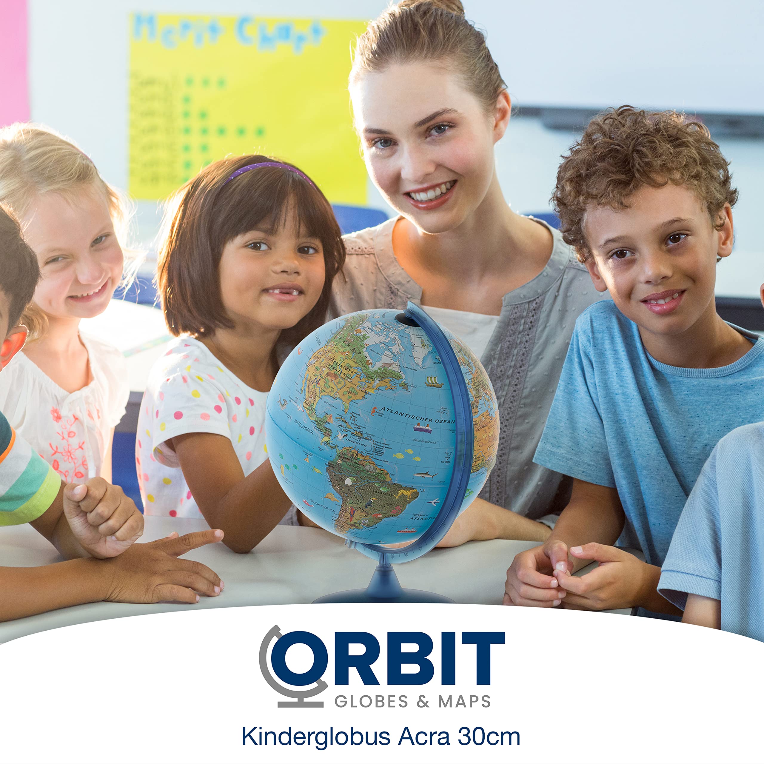 ORBIT GLOBES & MAPS Kinderleuchtglobus 30cm mit Tieren, Kunststoff Fuß, deutsch mit stabilem Hartplastikfuß, deutsches Kartenbild mit vielen Abbildungen für Kinder mit LED Leuchte