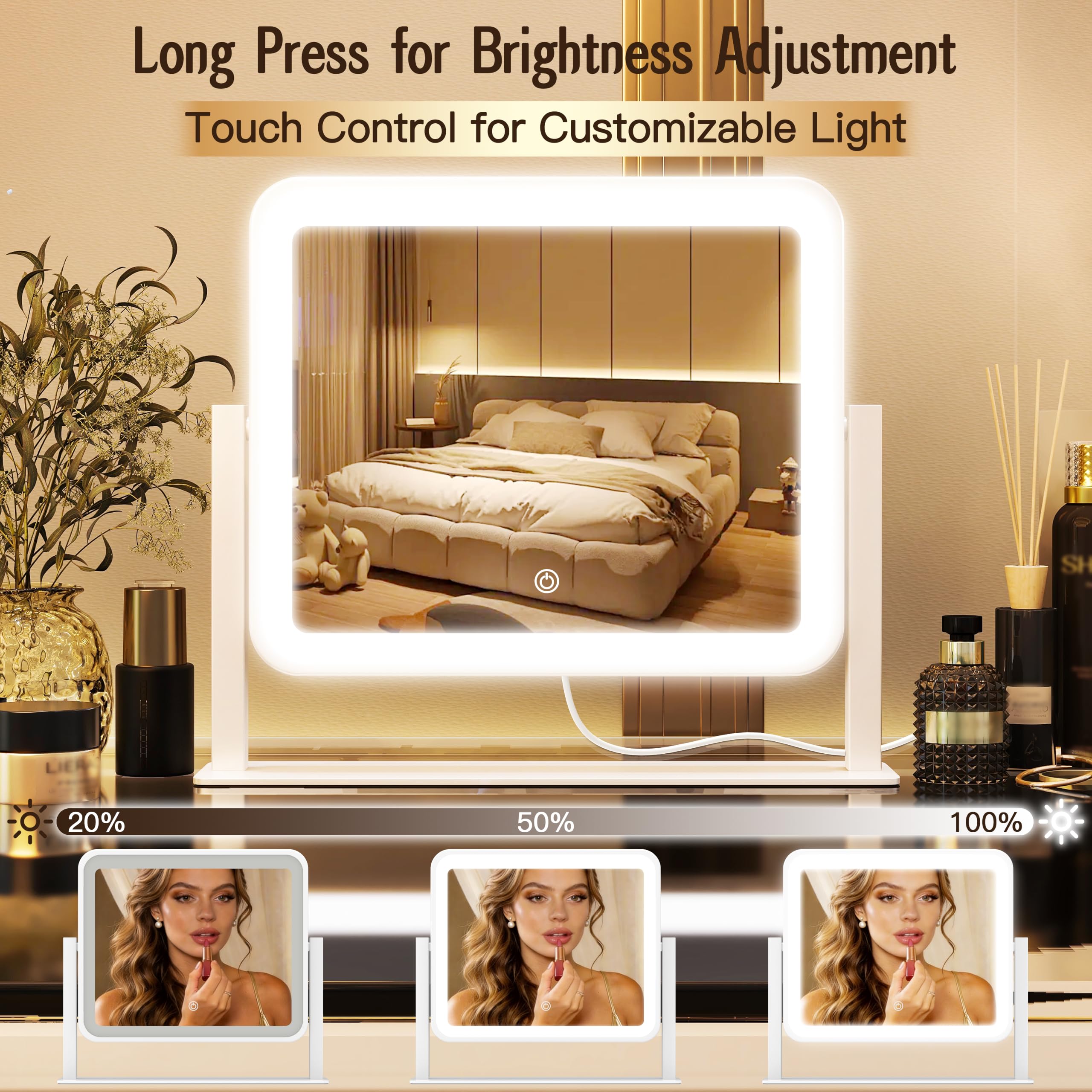 Lighted Makeup Mirror with Touch Control, 3 Color Modes & Dimming