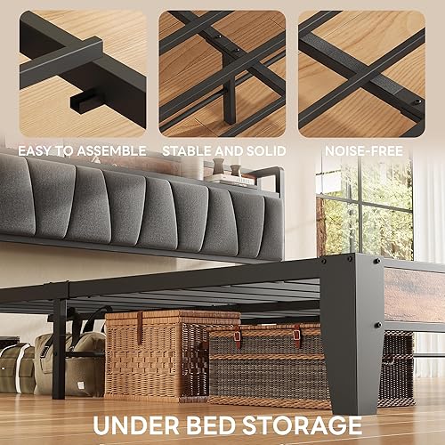 Miniatura 6 de LIKIMIO Queen Bed Frame, Storage Headboard with Charging Station, Solid and Stable, Noise Free, No Box Spring Needed, Easy Assembly