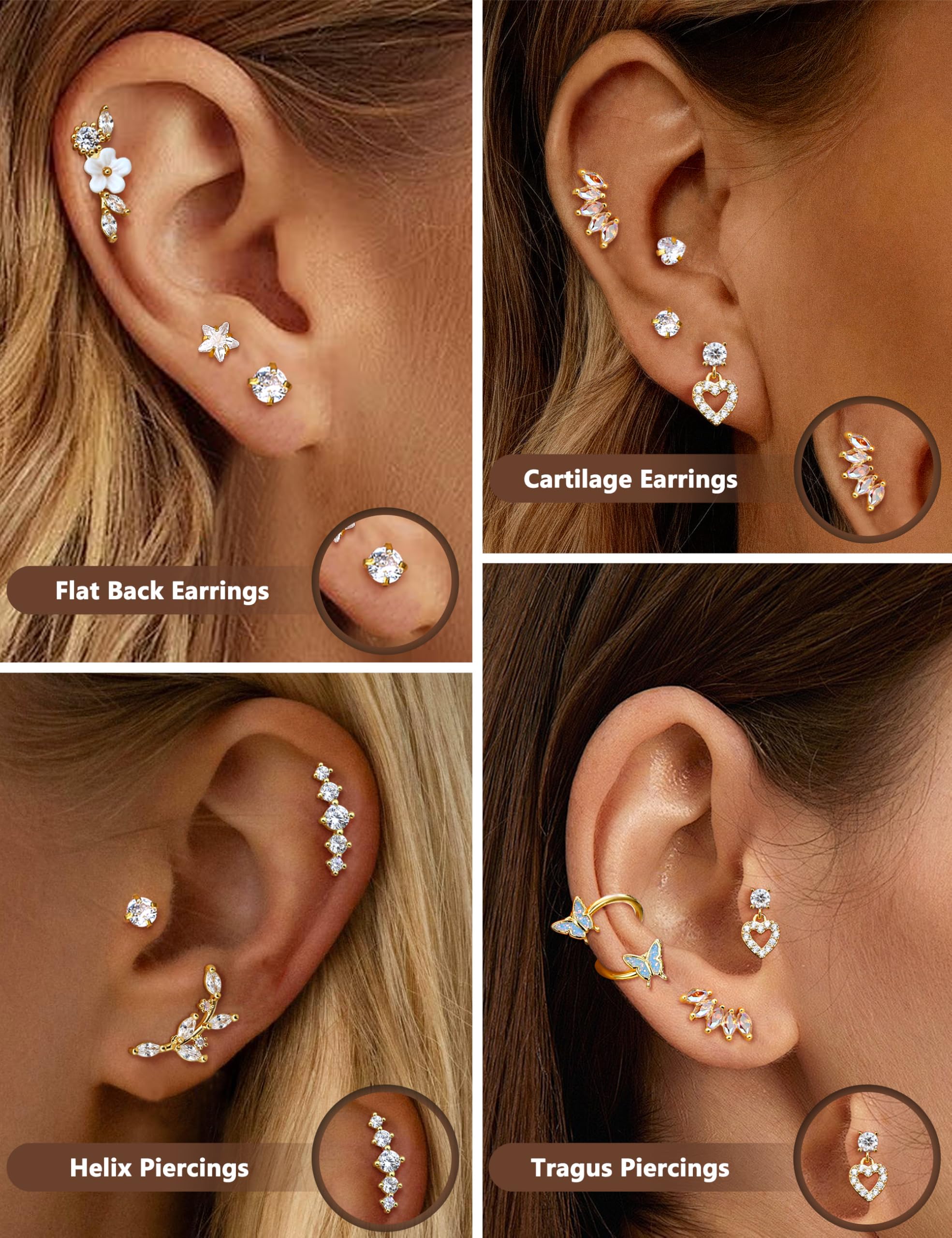 Adramata 9 sztuk 16 g kolczyk do uszu dla kobiet stal chirurgiczna ucho zestaw tragów chrząstki helix kolczyk motyl wąż kwiat ucho biżuteria z tragiem Helix, muszla Metal Stal stopowa, Cyrkonia