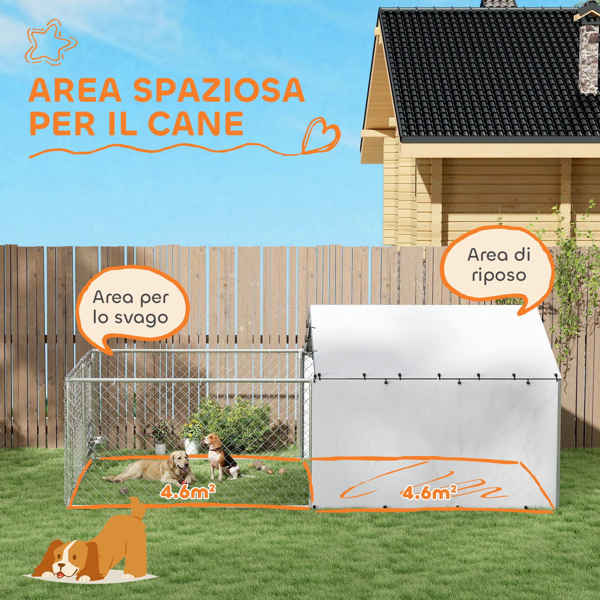 PawHut Kennel Clôture pour chiens d'extérieur avec toit anti-UV imperméable et bols rotatifs, boîte de rangement pour chiens de taille moyenne et grande avec porte avec verrouillage en acier, 400 x