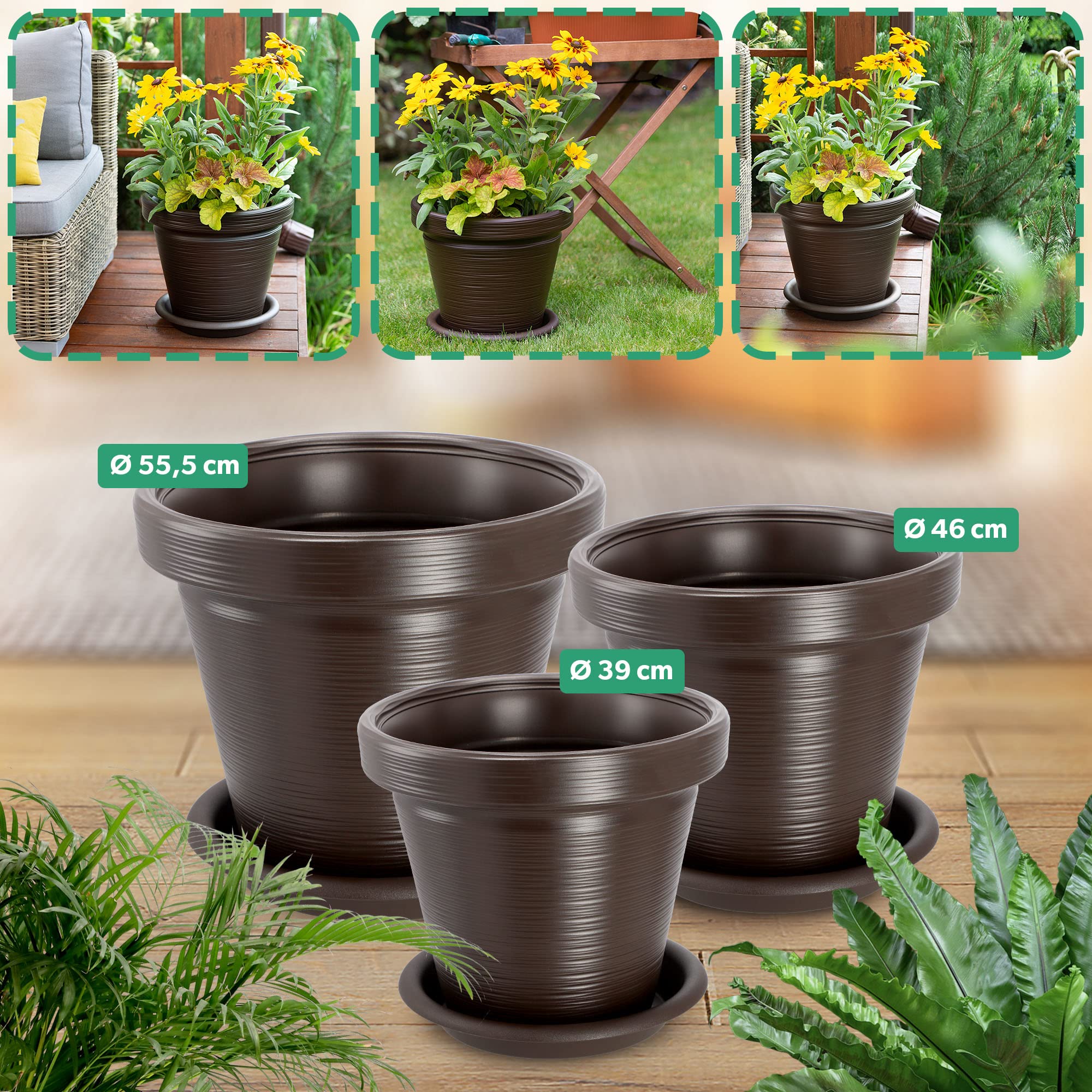 KADAX Pot de Fleurs en Plastique, 4 Couleurs, Pot de Plantes avec Soucoupe, Pot de Plantes, Pot de Plantes avec Motif incisé, Pot de Fleurs en Plastique, Pot de Fleurs Rond (∅ 55 cm, Marron foncé)