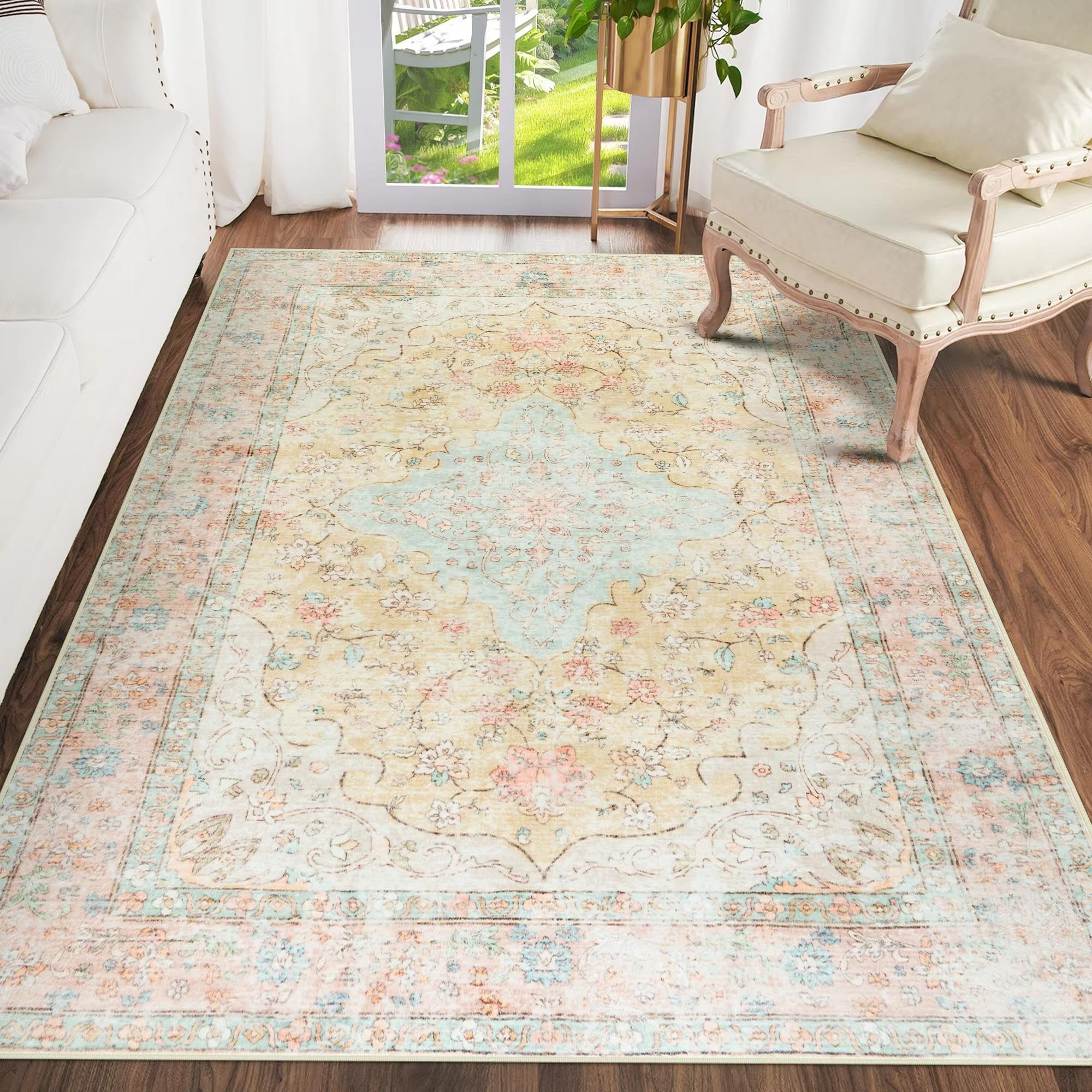 Alfombra Bohemia de 60 x 120 cm, Lavable, Antideslizante, Estilo Vintage Floral, con diseño Desgastado, Suave Alfombra de Pelo Corto para Entrada, baño, Cocina, Pasillo, Dormitorio y Comedor