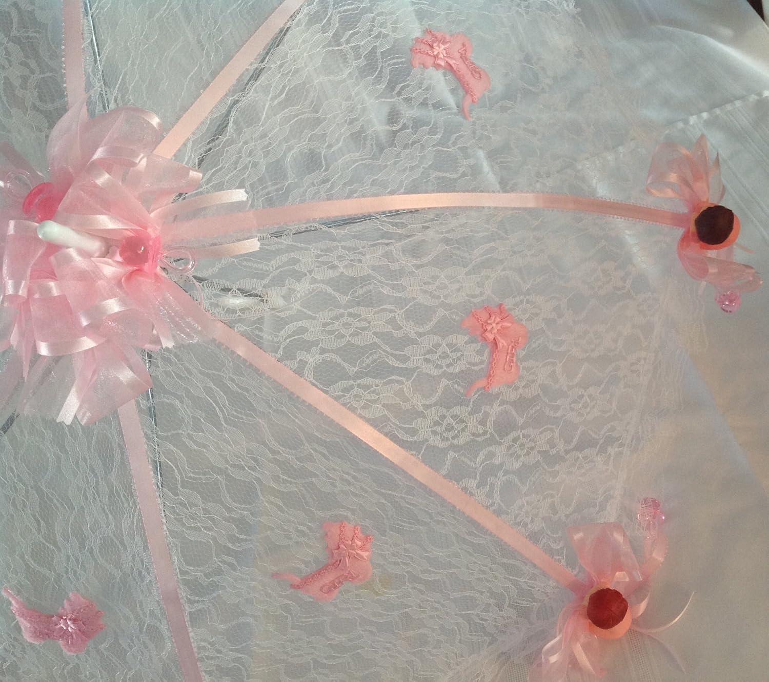 36" White Lace Baby Shower Umbrella Pink Babies & Hanging Pacifiers