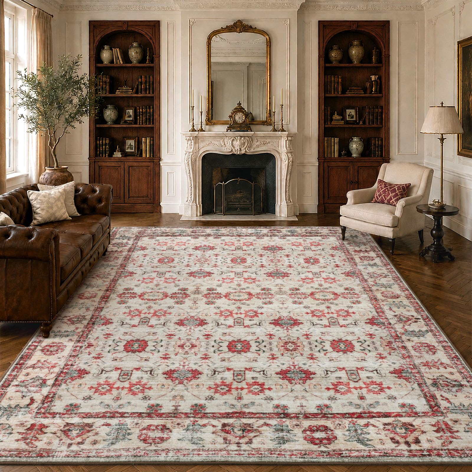 Sour Lemon Vintage Area Rug for Living Room, 160x230cm Large Washable Rugs, Low Pile Non-Slip Distressed Oriental Carpet Classic Rugs, Soft Faux Wool Decor for Bedroom Dining Room Office (Red) — image 1