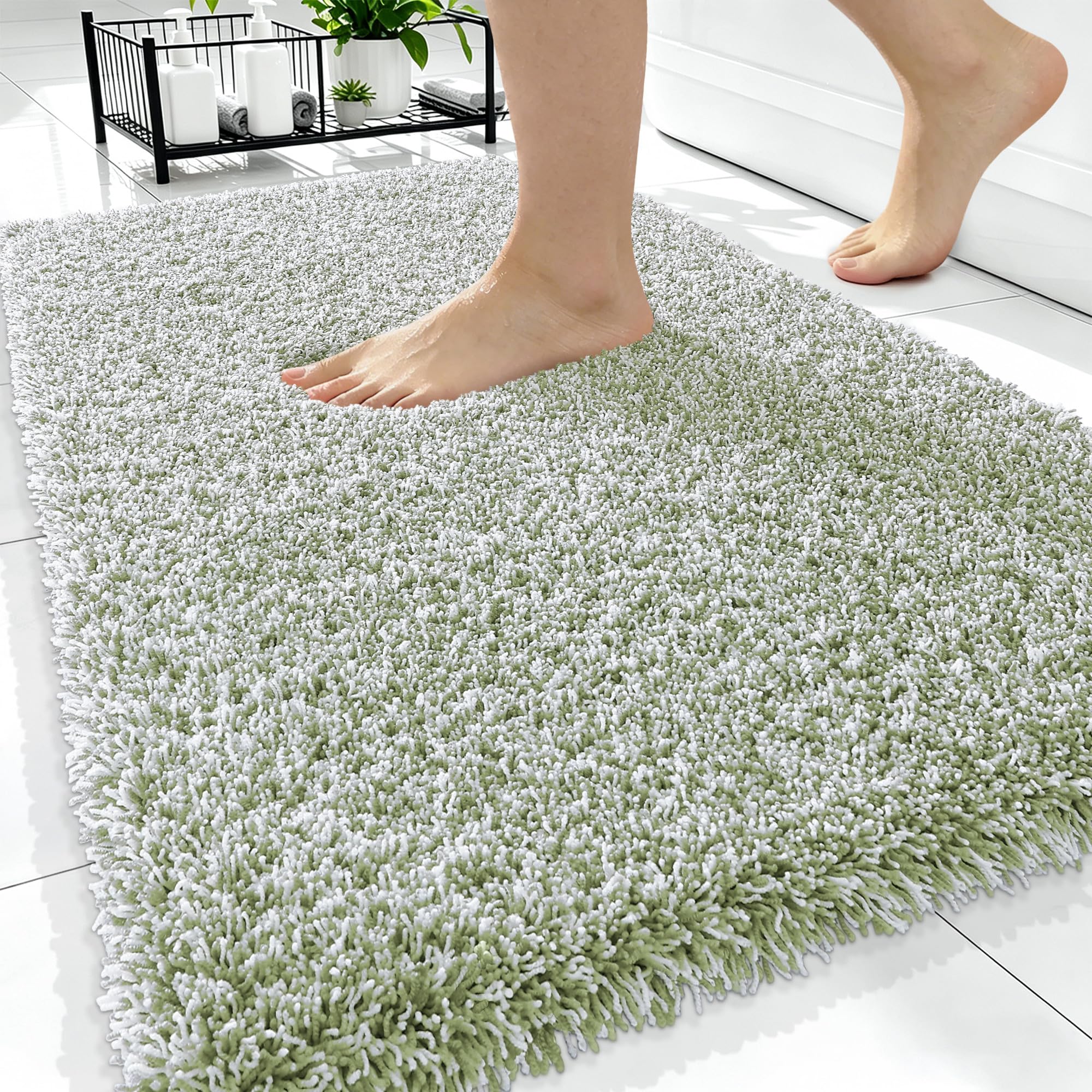 OLANLY Microfiber Bathroom Rugs 34x21, Quick Dry Mat, Sage Green and White