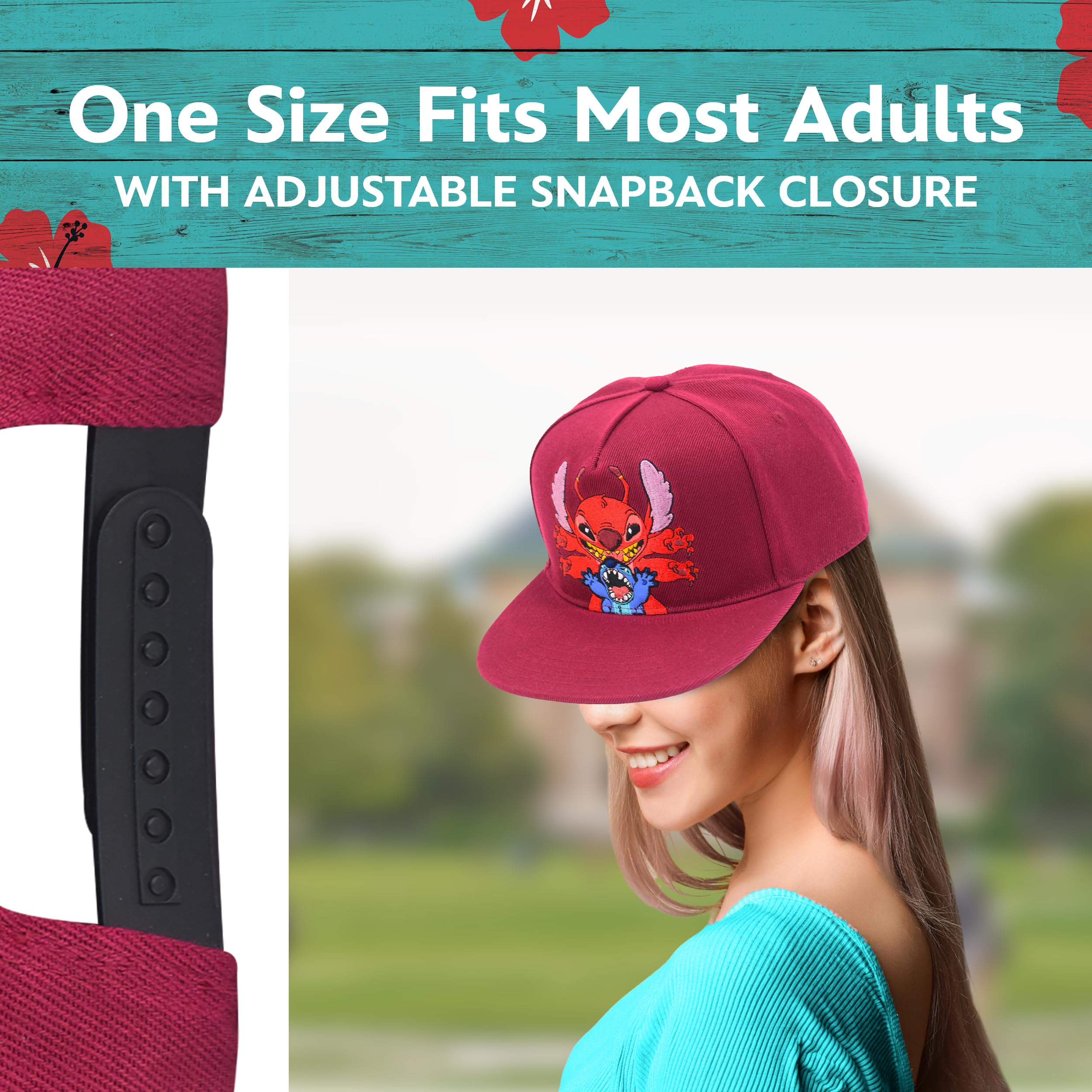Concept One Unisex czapka z daszkiem Disney Stitch, Leroy, regulowana czapka typu snapback dla dorosłych z płaskim brzegiem, czerwona, jeden rozmiar, Czerwony, rozmiar uniwersalny