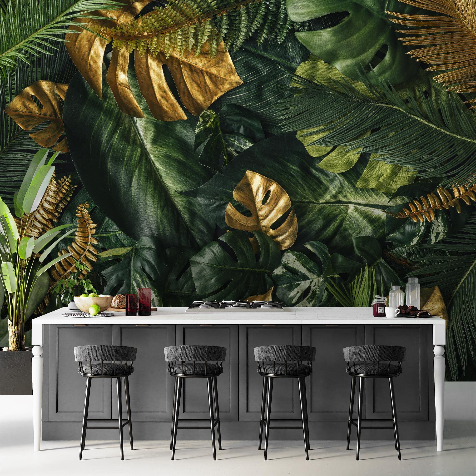 Runa Art Carta da parati fotografica foglie tropicali Monstera 352 x 250 cm Vello Sfondo Murale XXL Moderne Decorazione Soggiorno Camera De Letto Sala Ufficio oro verde 9591011a