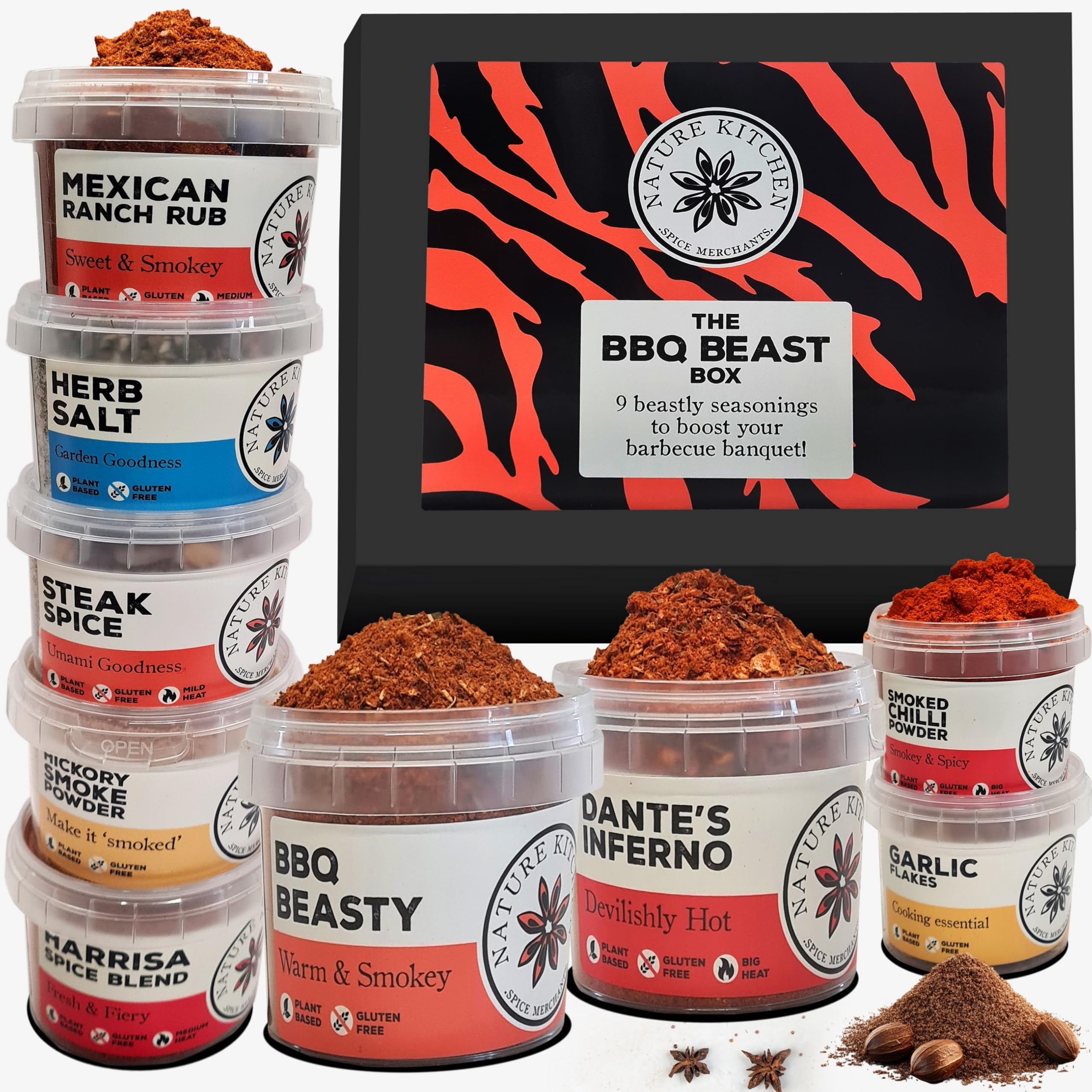 Gourmet BBQ Blends and Seasonings Gift Set. 9 Gluten Free and Vegan Barbecue Spices. Novelty Gifts for BBQ and Cooking Lovers. Perfect Food Accessories for BBQs.