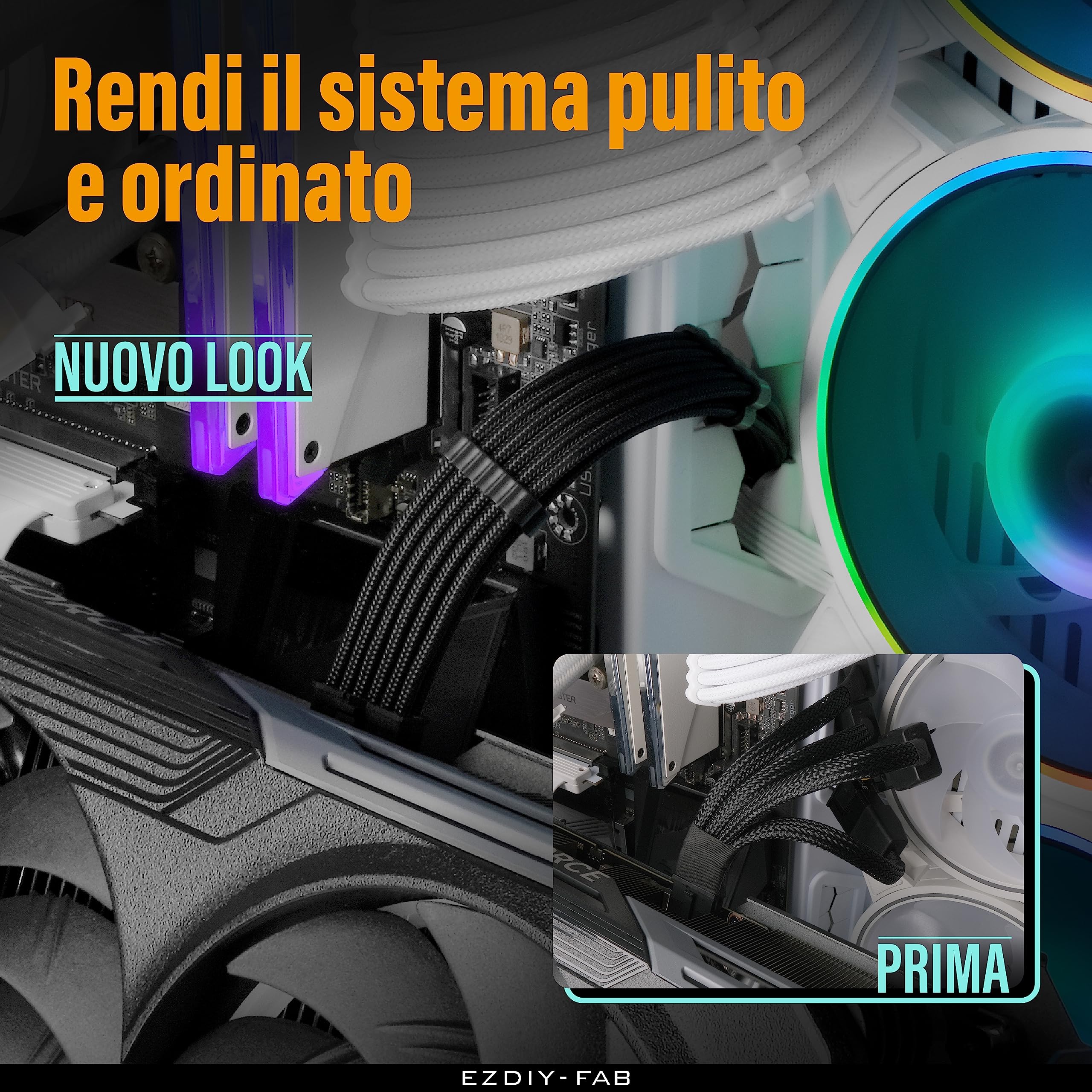 EZDIY-FAB Cavo di Estensione Manicato per Alimentazione GPU PCIe 5.0 16 pin (12+4) 12VHPWR,Maschio a Femmina, Compatibile con RTX 5080, 5070, 4090, 4080, 4070, 16AWG con Pettini per Cavi/Nero