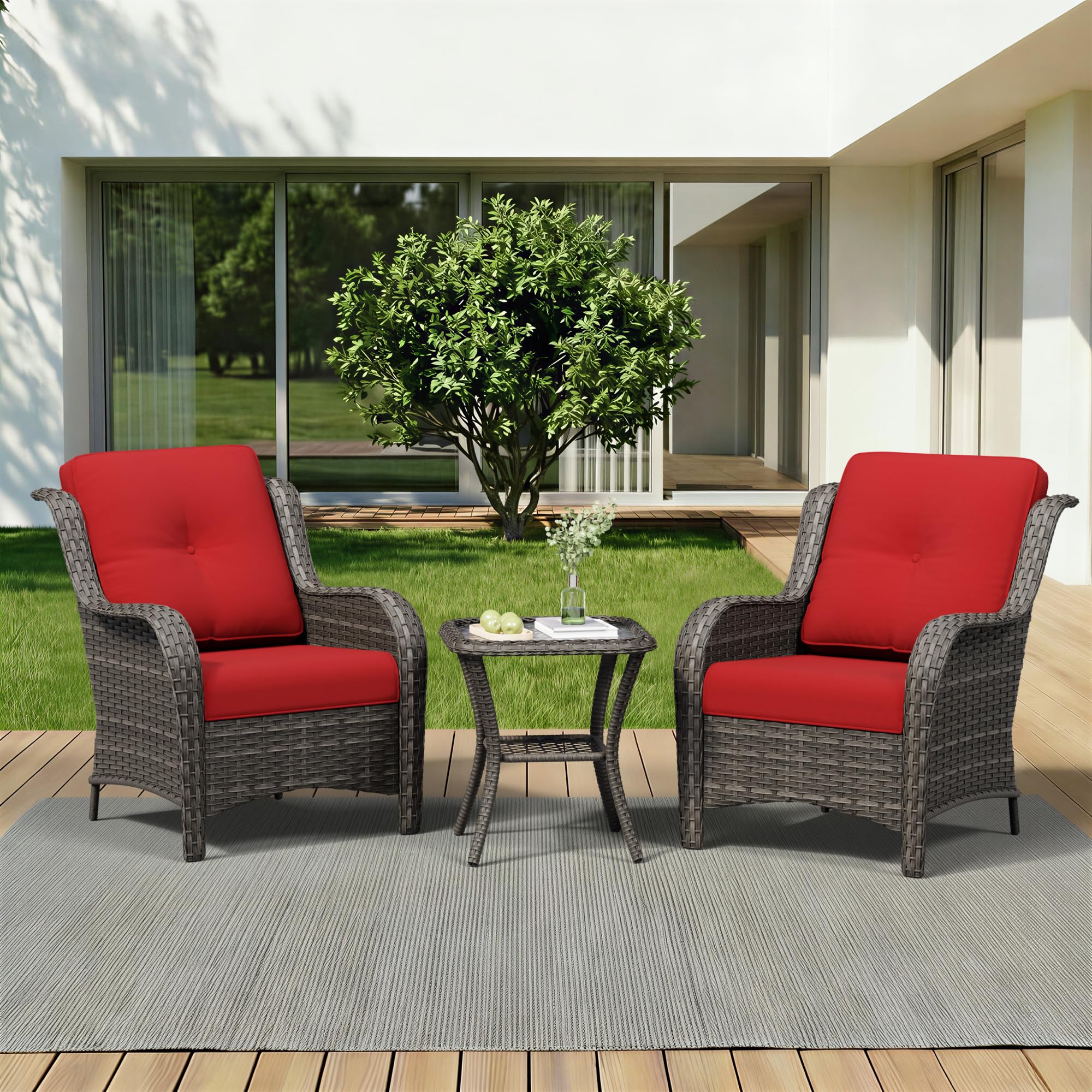 3 Pieces Outdoor Wicker Patio Furniture Set - Patio Chairs Set with Thickened Olefin Cushions, High Back and Deep Seating, Curved Armrest, PE Rattan for Porch, Deck, Balcony,Red