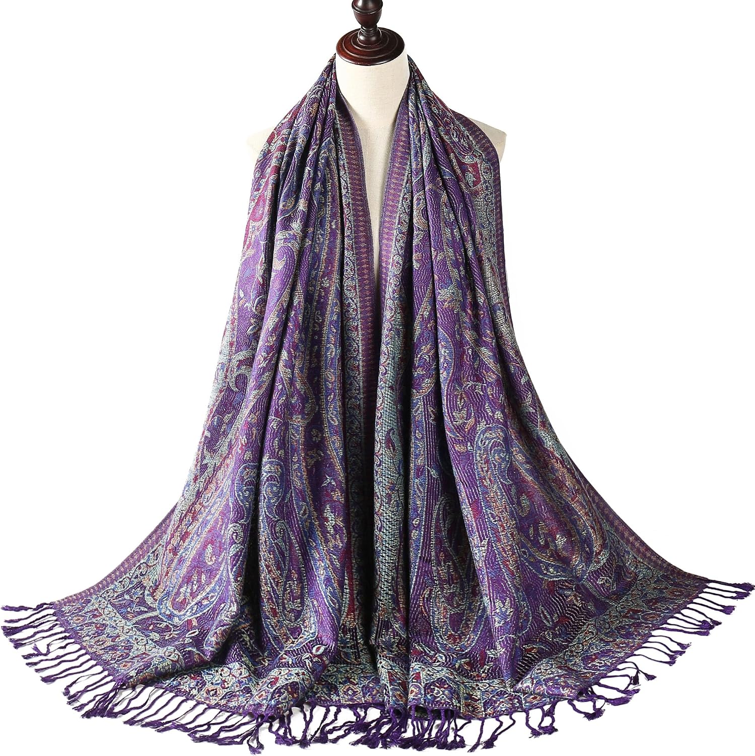 Silky Pashmina Paisley Flowers Borders Shawl Scarf Wrap Jacquard Reversible With Tassels Soft