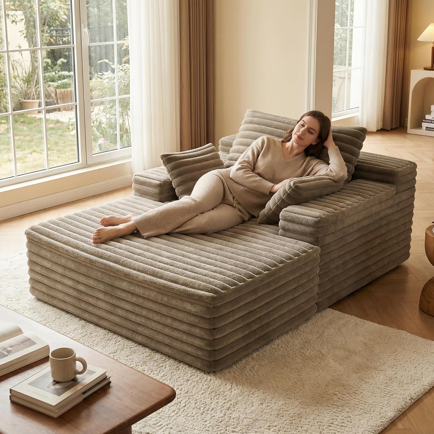 GRAVFORCE 62.6" Oversized Chaise Lounge Chair Indoor, Corduroy Boneless Cloud Couch with Armrests and 3 Pillows, Comfy Sleeper Sofa for Living Room Apartment, Camel