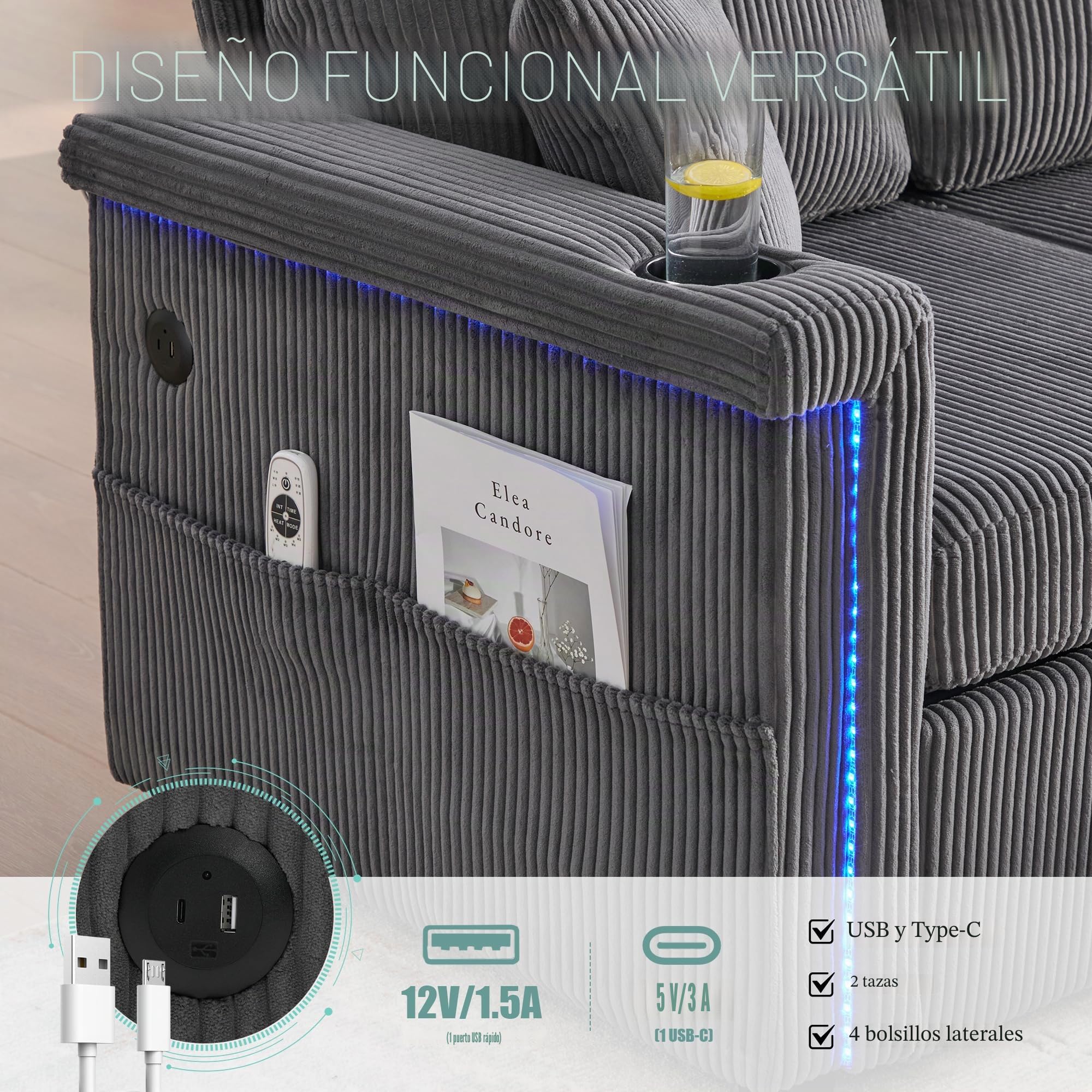 Lubvtti Sofá de 3 plazas con iluminación LED y puerto USB-C, reposapiés con contenedor, 2 cajones, prácticos portavasos y bolsillos laterales, sofá de esquina en L, terciopelo arrugado (B-Gris oscuro)
