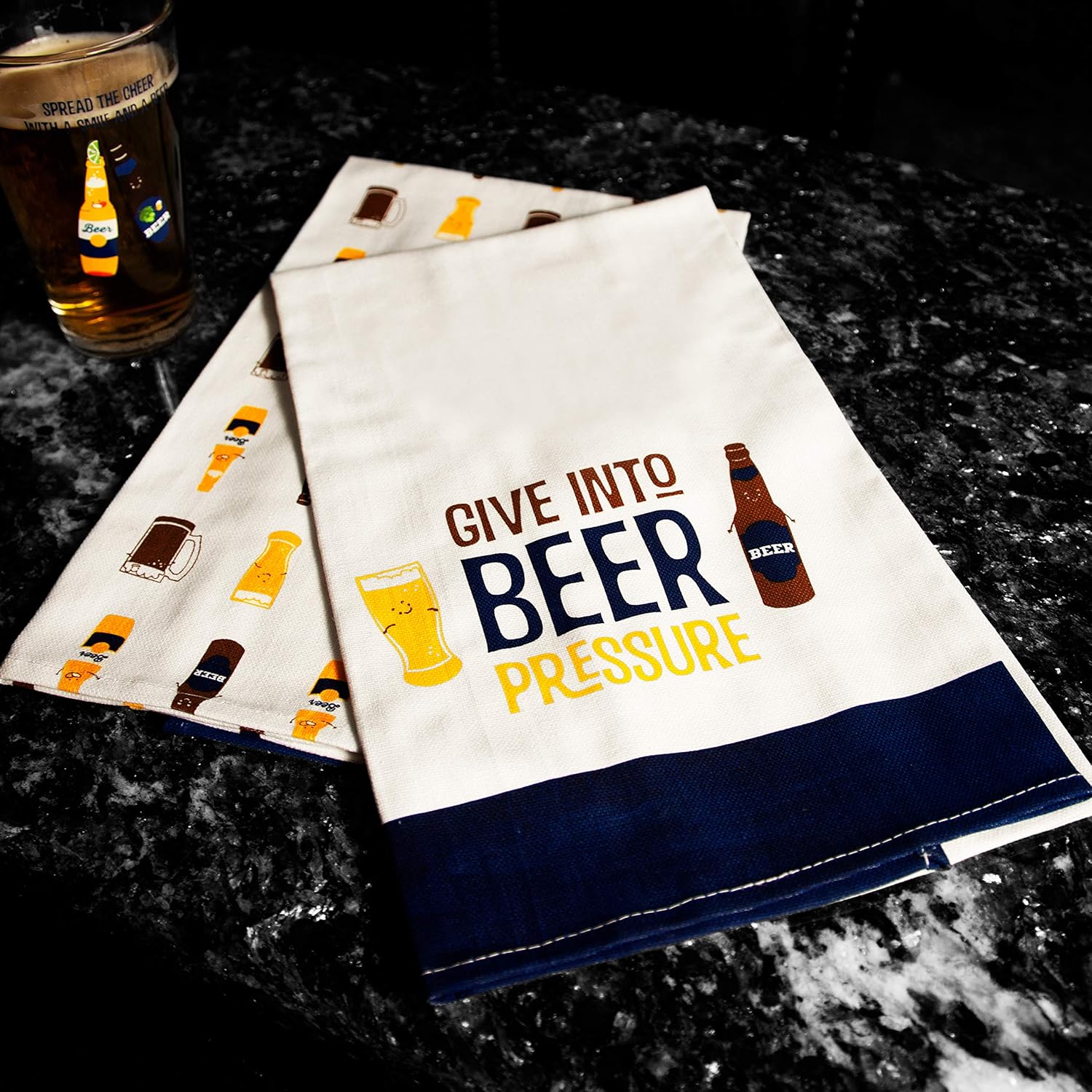 Pavilion Gift Company Give Into Beer Pressure-Set of 2 Text & Patterned Decorative Tea Towels, Blue