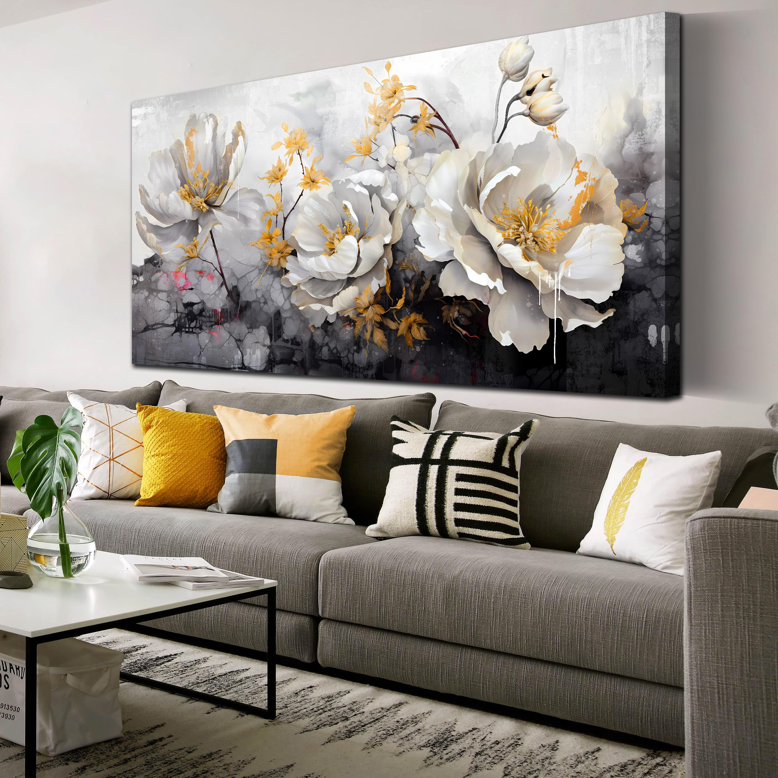 Amazon.com: Flower Wall Art for Living Room, Gold and White Peony