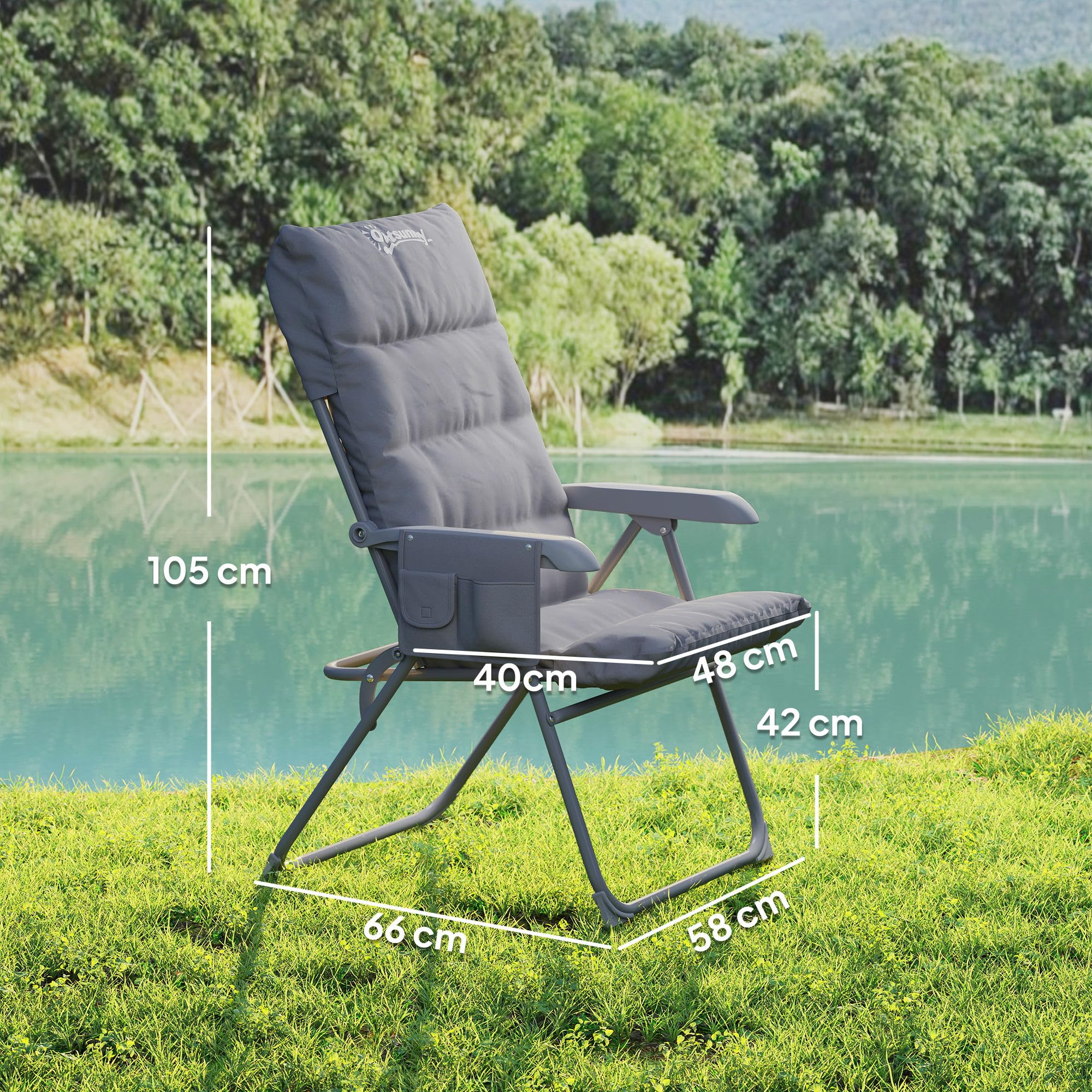 Outsunny Sedia da Campeggio Pieghevole con Schienale Alto Regolabile su 5 Livelli e Tasche Laterali, Sedia da Giardino in Tessuto Oxford e Metallo, Portata Fino a 120 kg, 66x58x105 cm, Grigio Chiaro