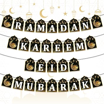 WATINC 4pcs Ramadan Kareem Banner Eid Mubarak Decoration, Ramadan Hanging Banners Decor, No DIY Needed Eid Mubarak Al-Fitr Iftar Party Favor Hang Bunting Supplies for Home Tree Fireplace Wall 10 Feet