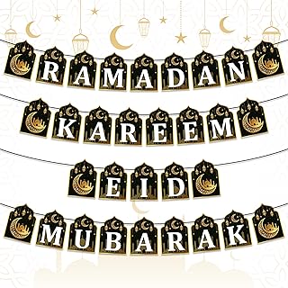 WATINC 4pcs Ramadan Kareem Banner Eid Mubarak Decoration, Ramadan Hanging Banners Decor, No DIY Needed Eid Mubarak Al-Fitr Iftar Party Favor Hang Bunting Supplies for Home Tree Fireplace Wall 10 Feet