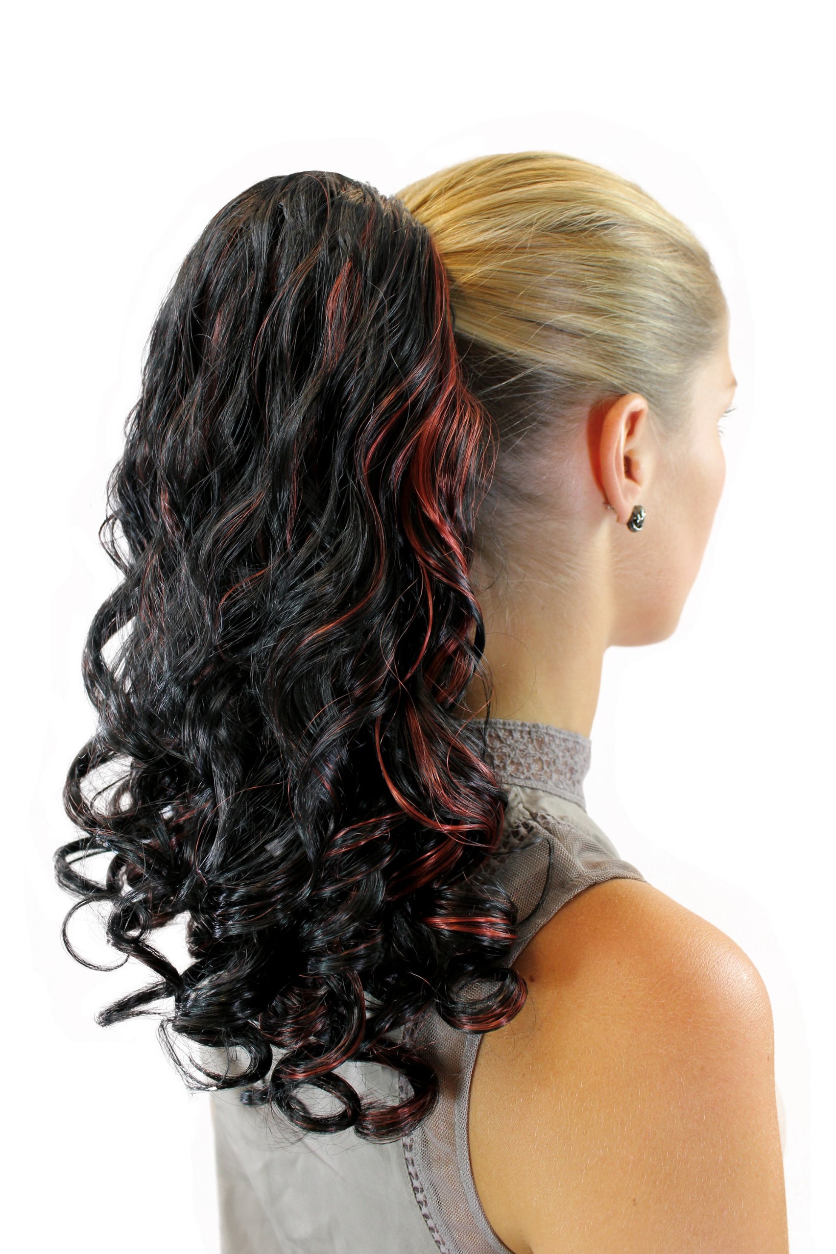 WIG ME UP Lockiger Zopf 50cm – Kunsthaar-Haarteil Mit 2 Klammern & Gummizug, Schwarz-Rot-Mix