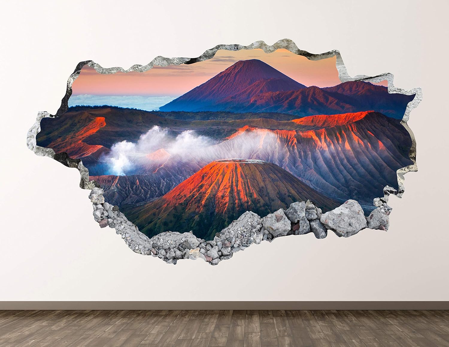 Volvano Mountains Wall Decal Art Decor 3D Smashed Indonesia Landscape Sticker Poster Kids Room Mural Custom Gift BL1515 (30"W x 18"H)