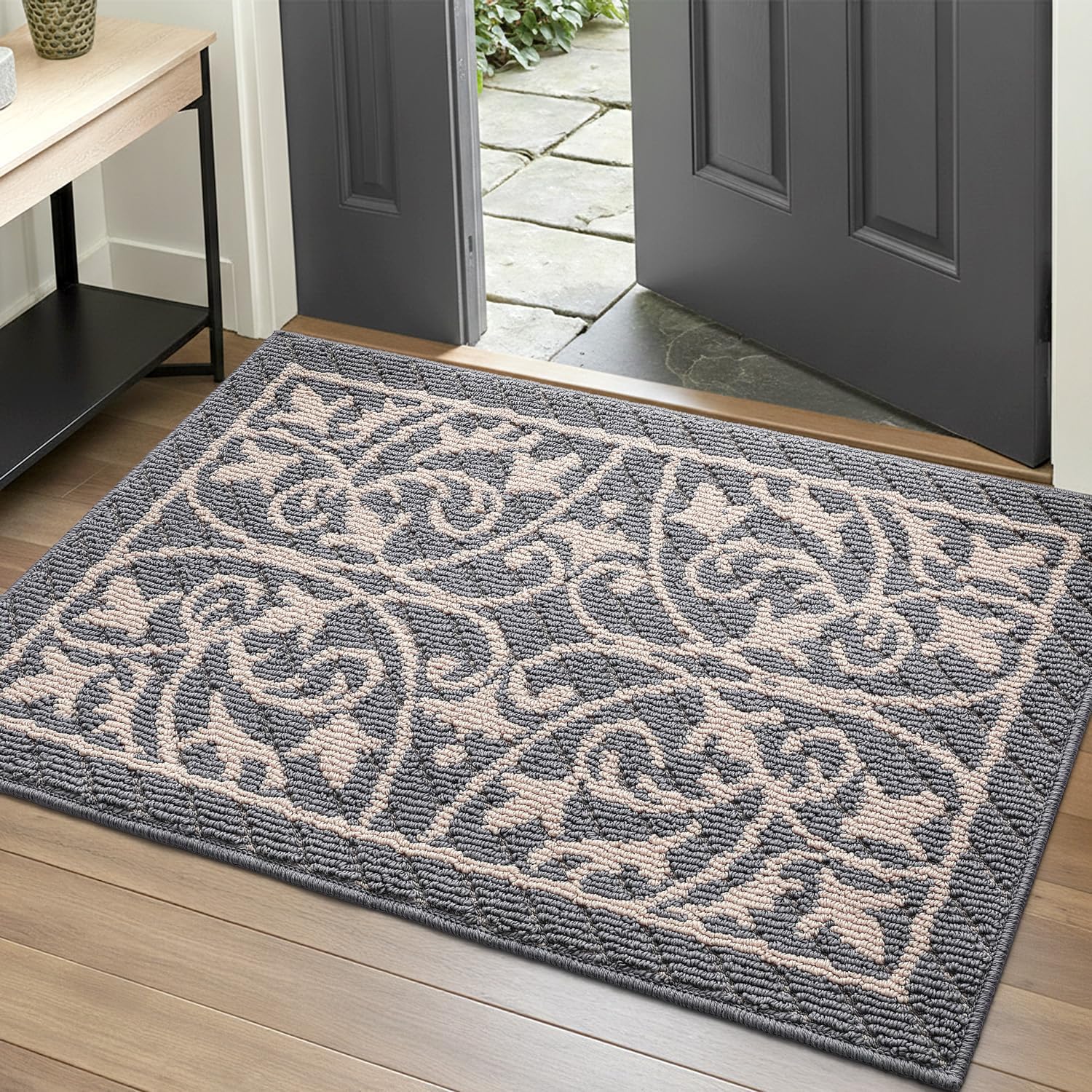 DEXI Front Door Mat Entryway, Inside Welcome Entrance Doormat Low Profile Thin, Non Slip Washable Entry Mats for House Floor Dirt Trapper, 32x48, Gray