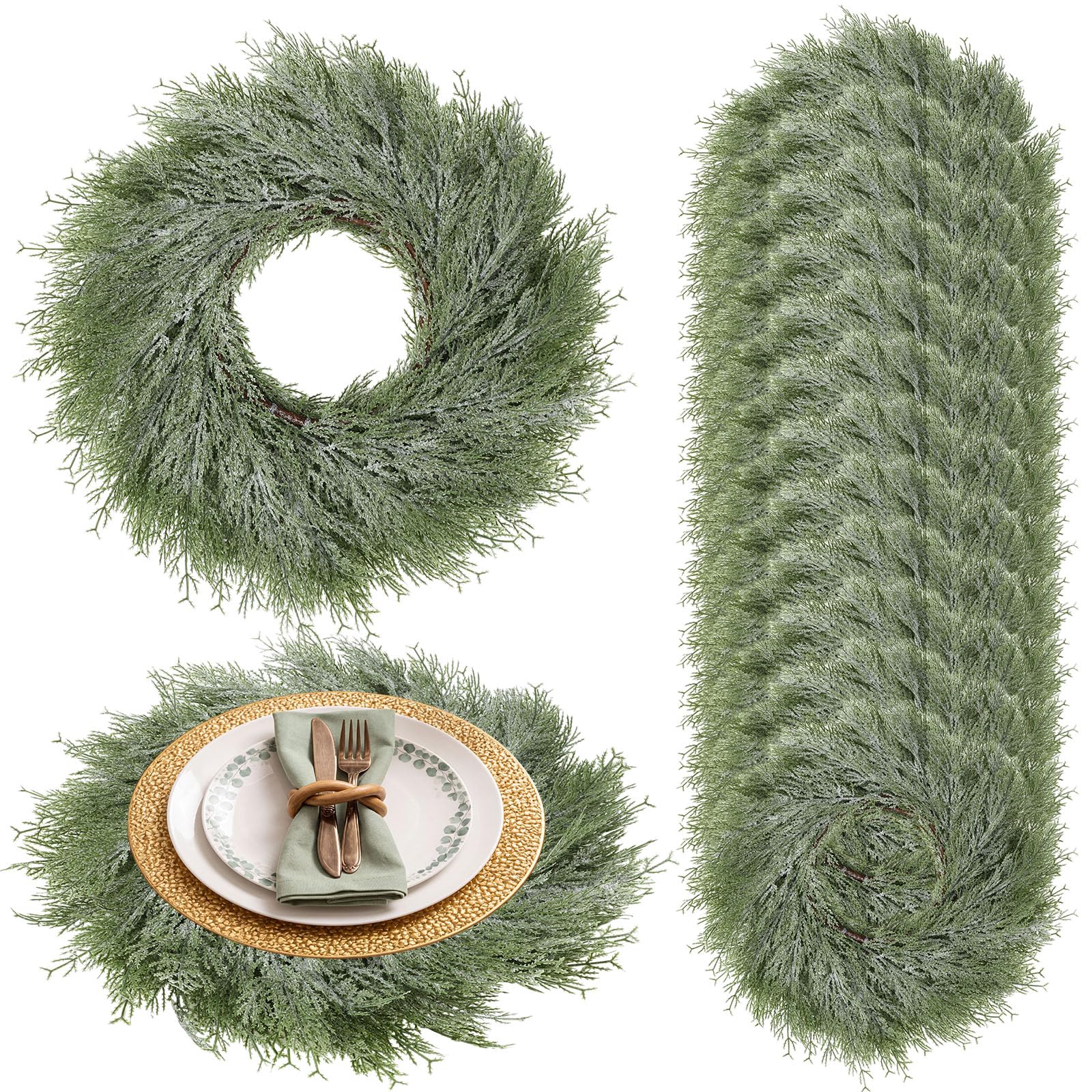 Lot de 12 sets de table ronds de Noël - Couronne artificielle circulaire - Décoration de table de salle à manger - Accessoires de cuisine (neige poudreuse)