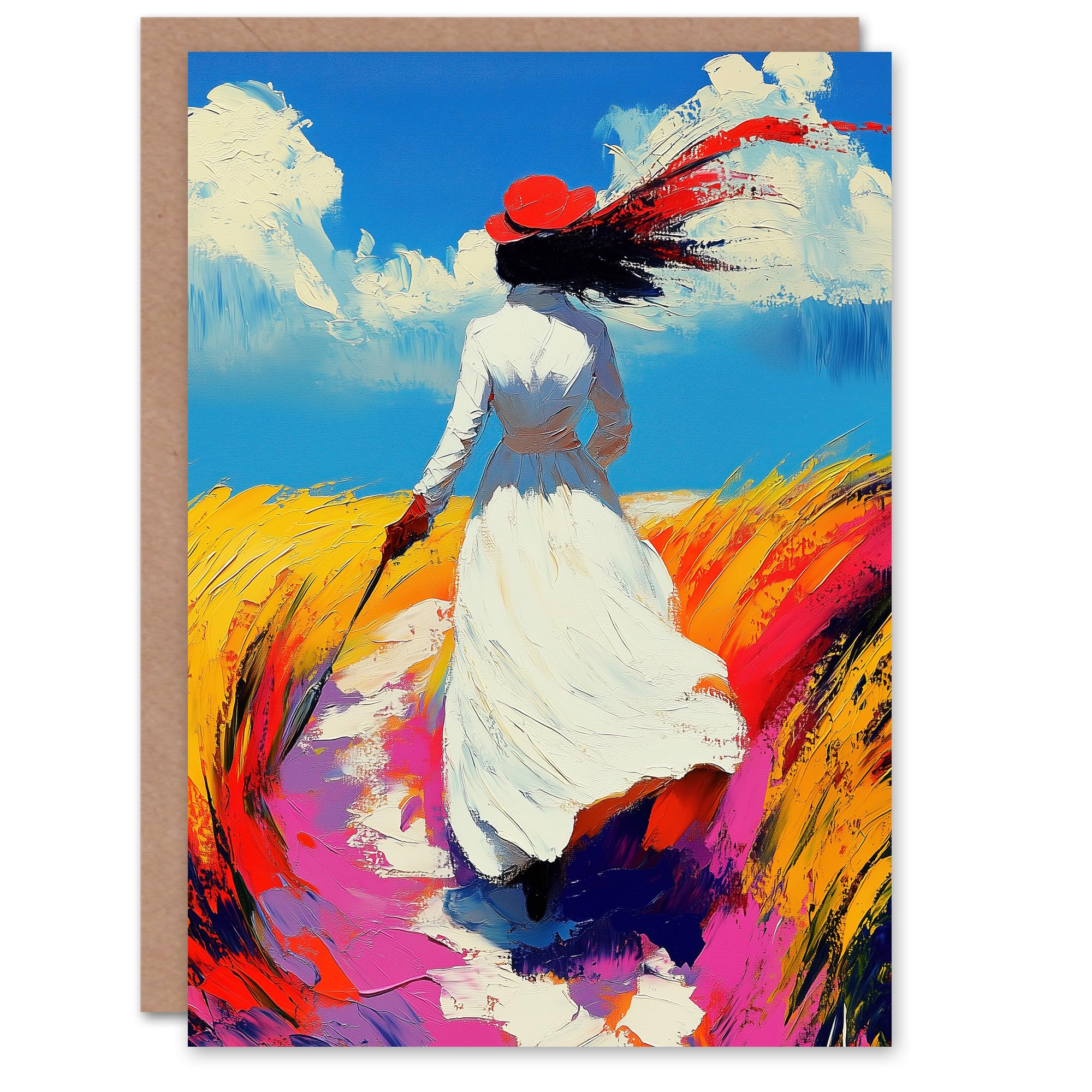 Artery8 Greeting Card Lady Walking Through Windy Wheat Field Landscape Blank For Him Or Her Art Birthday Card