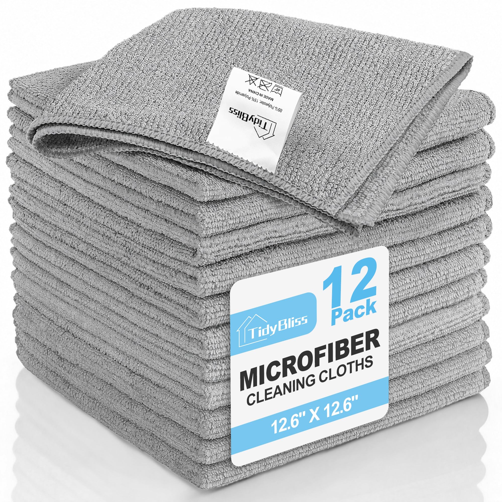 TidyBliss Microfiber Cleaning Cloth 12 Pack, Lint-Free Rags, 32 x 32 cm, Reusable Micro Fiber Dusting Towels for House Kitchen Bathroom Car (Grey)