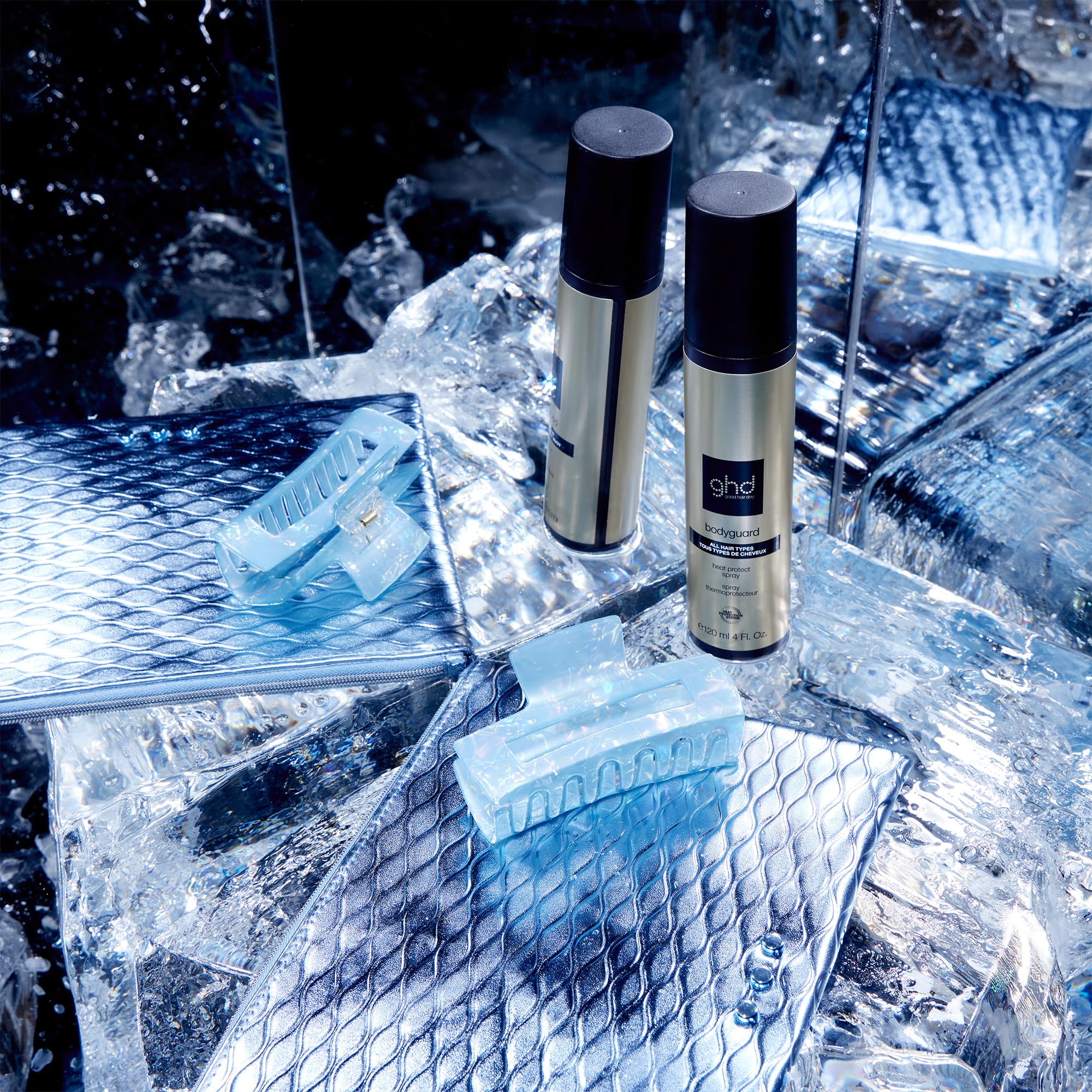 ghd - Trousse contenant un Spray thermoprotecteur ghd Bodyguard et une pince à cheveux bleue - Protection thermique et pince pour vos coiffages - Spray 120ml - Idéal tous types de cheveux