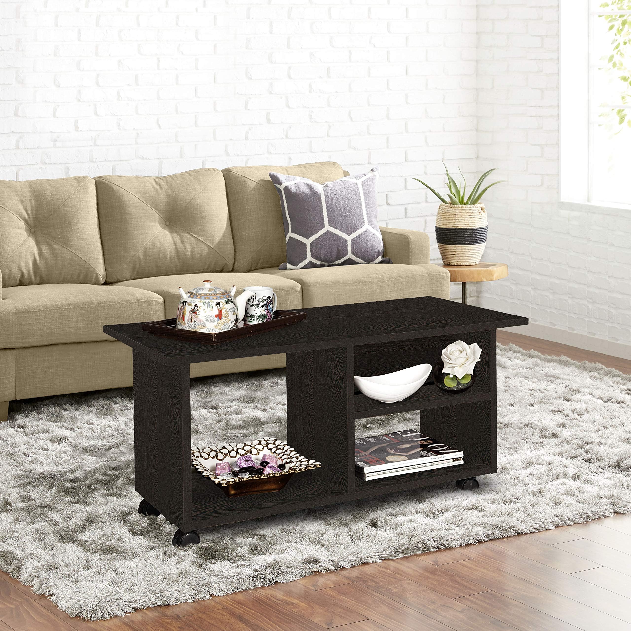 Delite Kom Living Room Honey Portable Movable Engineered Wood Coffee Table/Centre Table with Wheels and Small Shelf in Centre, Wenge