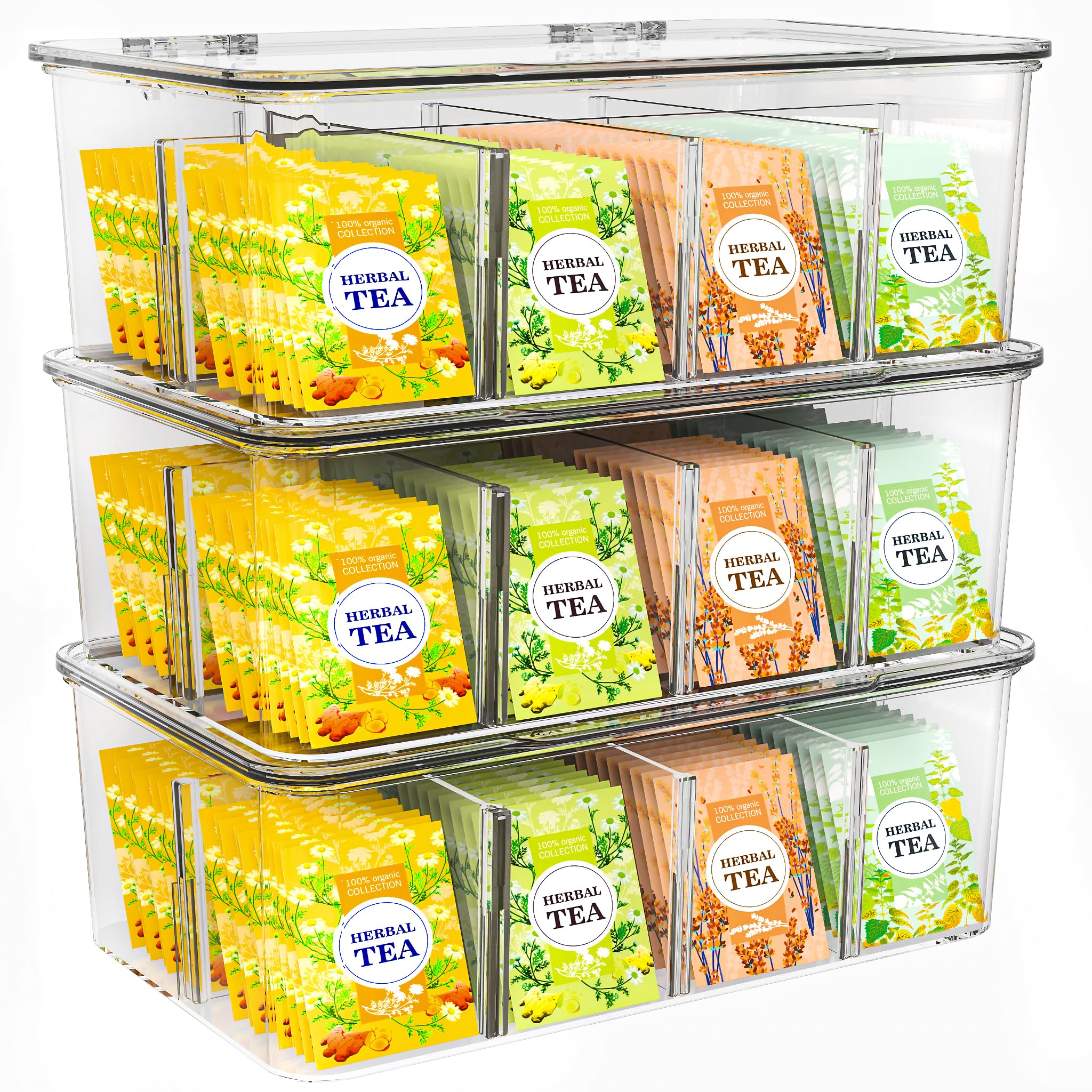 Utopia Home (3 Pack) Tea Bag Organizer - Stackable Tea Bag Storage Organizer with Clear Top Lid- Tea bag holder For Counter tops, Kitchen Cabinets, Pantry, Sweeteners (Clear)