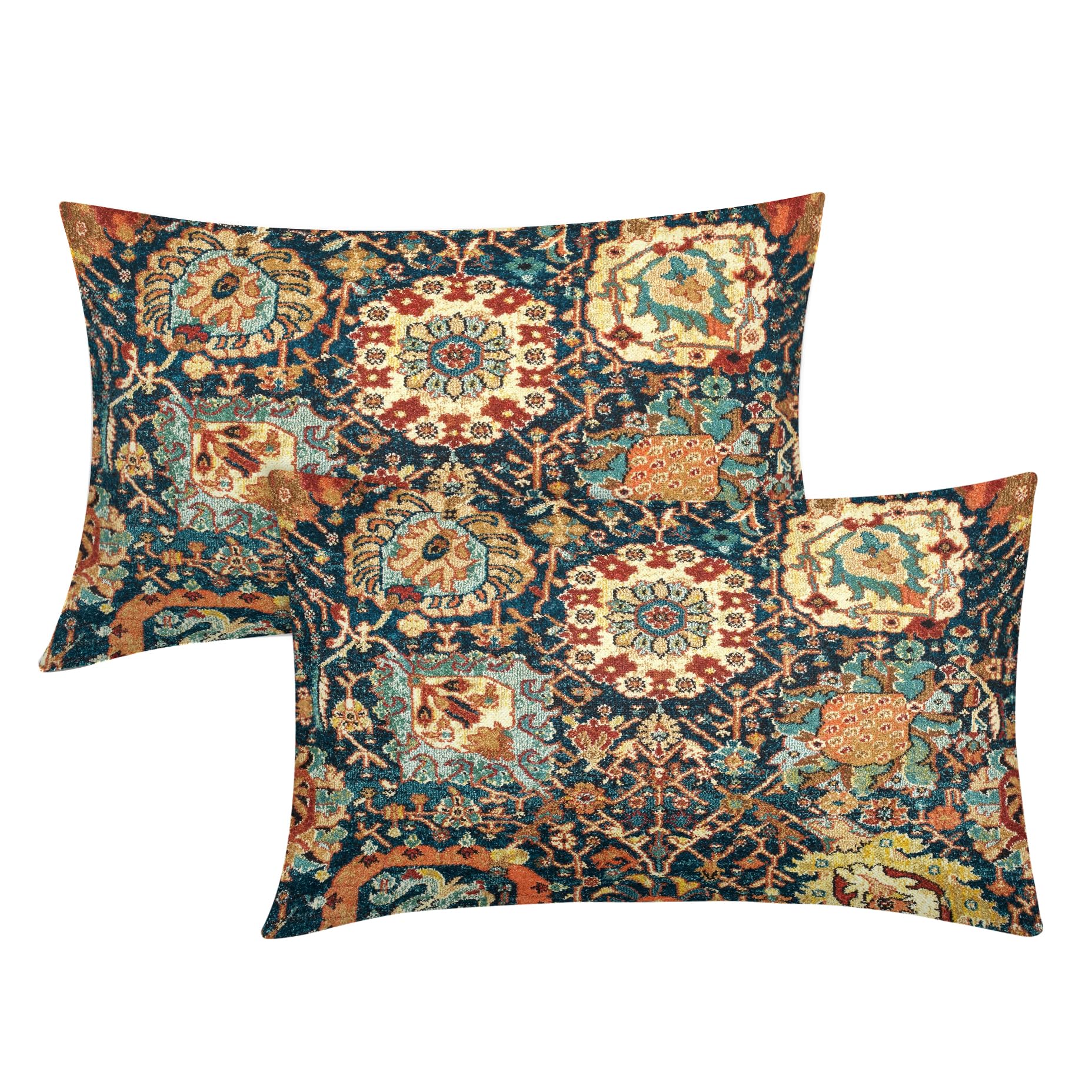 Orange Teal Blue Floral Vintage Bohemian Lumbar Pillow Covers 12X20 Inch Yellow Brown Boho Flower Rug Oriental Carpet Pillowcases Set 2 Antique Tapestry Rustic Retro Throw Pillows For Cushion Outdoor — image 1
