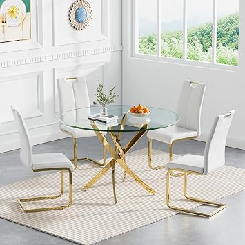 Round Glass Dining Table Set for 4, Modern 5-Piece Round Dining Table & Chair for 4, 36" Glass Kitchen Table with 4 Leather Dining Chairs for Small Living Room Kitchen, Polished Gold Base