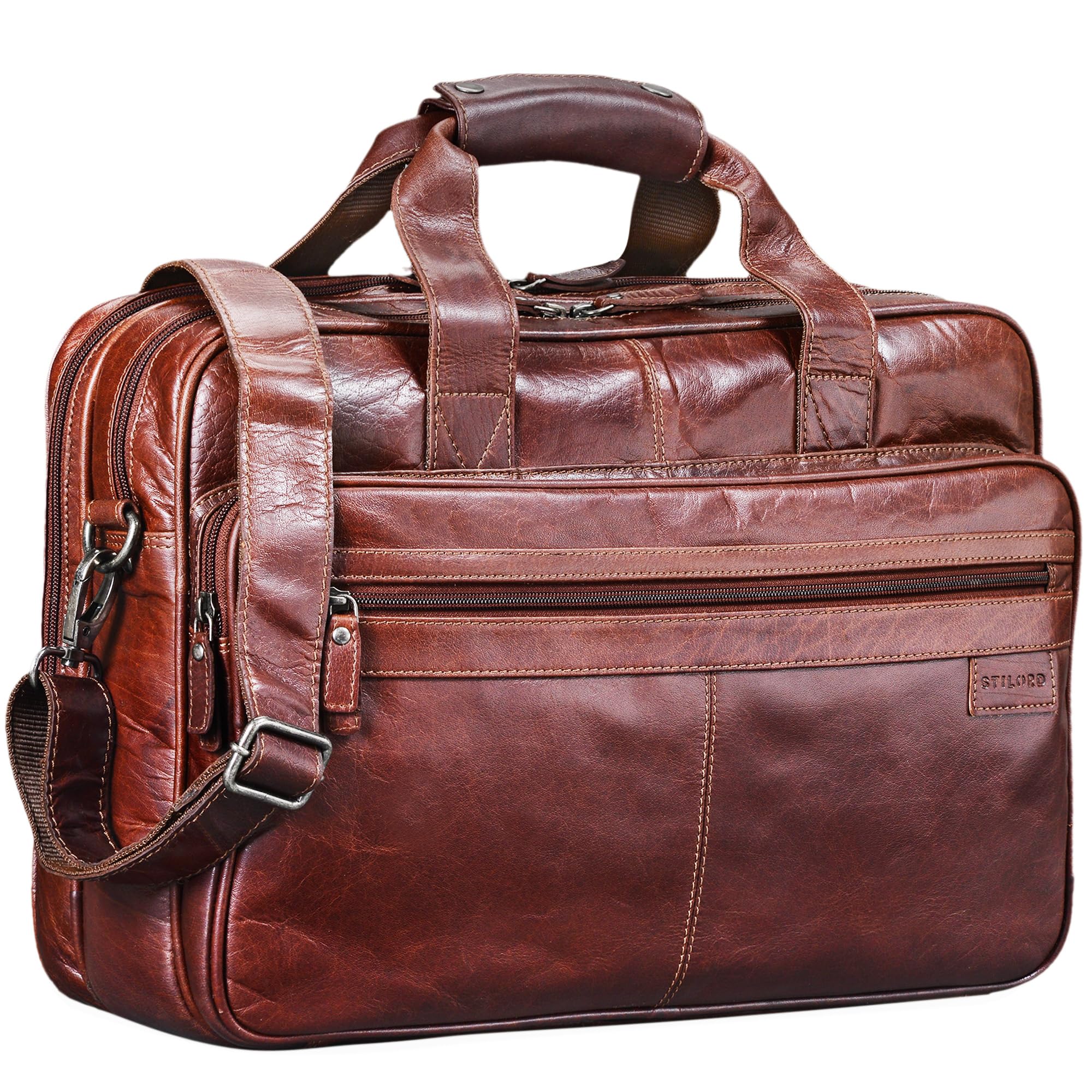 STILORD Atlantis Leder Aktentasche groß Vintage Lehrertasche Arbeitstasche große Ledertasche Businesstasche zum Umhängen Trolley aufsteckbar Farbe:Milano - braun