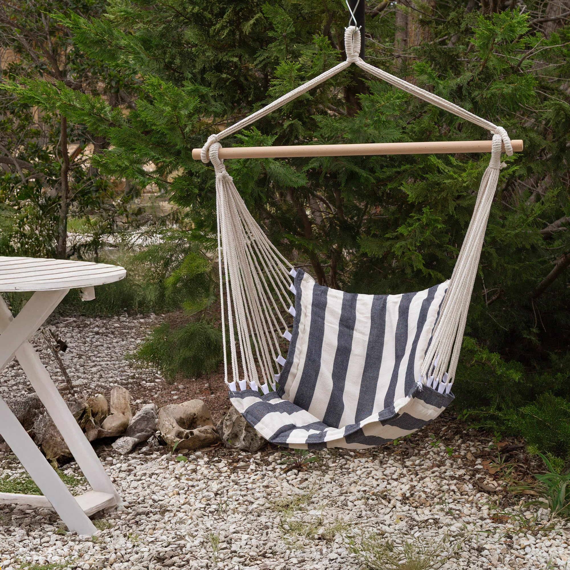 AKTIVE 63164 Chaise Suspendue, 90 x 55 x 125 cm, en Coton et Polyester à Rayures, avec Support supérieur en Bois et Cordes de Fixation, capacité jusqu'à 110 kg, pour Jardin, terrasse ou Camping