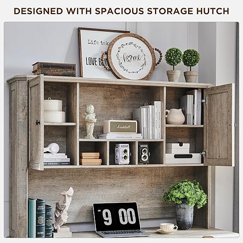 Miniatura 5 de T4TREAM Escritorio ejecutivo estilo campestre de 59 pulgadas con estantería superior, escritorio de madera para computadora de oficina en casa, que