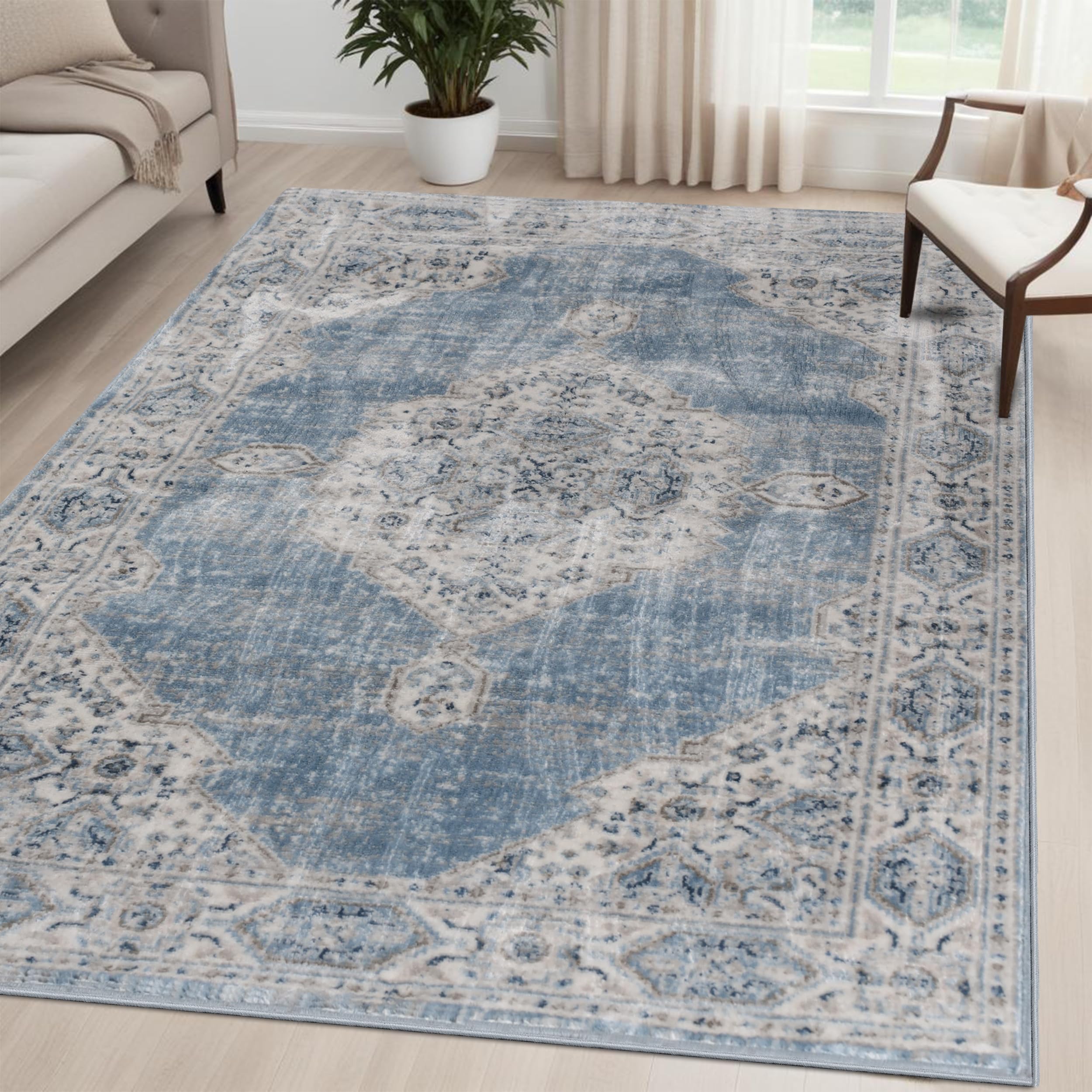 Superior Indoor Area Rug, Cotton Backing, Vintage Medallion Rugs for Living Room, Kitchen Floors, Dining, Bedroom, Entry, Modern Farmhouse Home Decor, Kailani Collection, 5' x 7', Blue/Cream