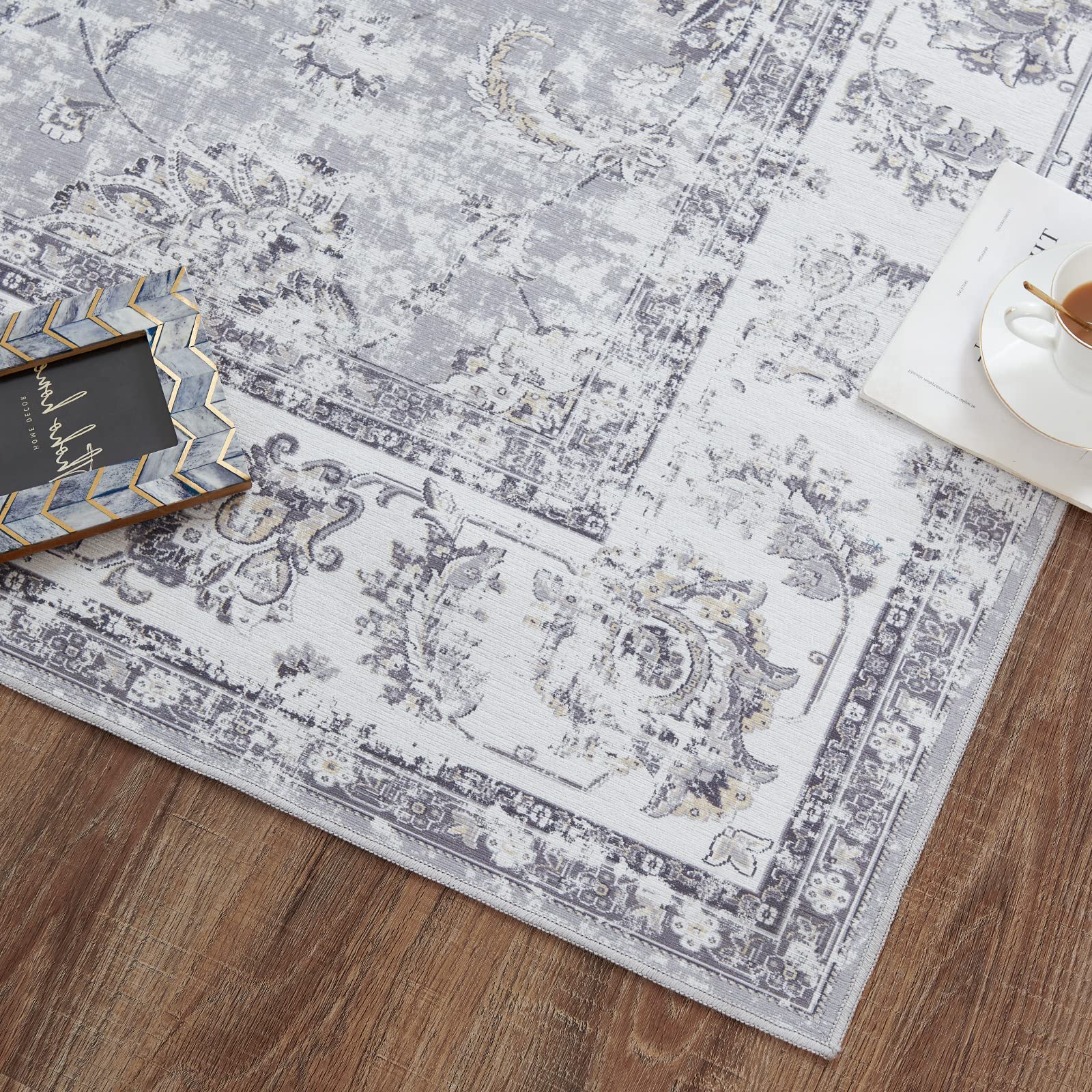 jinchan Area Rug 9x12 Boho Living Room Rug Floral Print Washable Large Rug Indoor Soft Distressed Foldable Carpet Thin Rug Bedroom Dining Room Office Farmhouse Grey