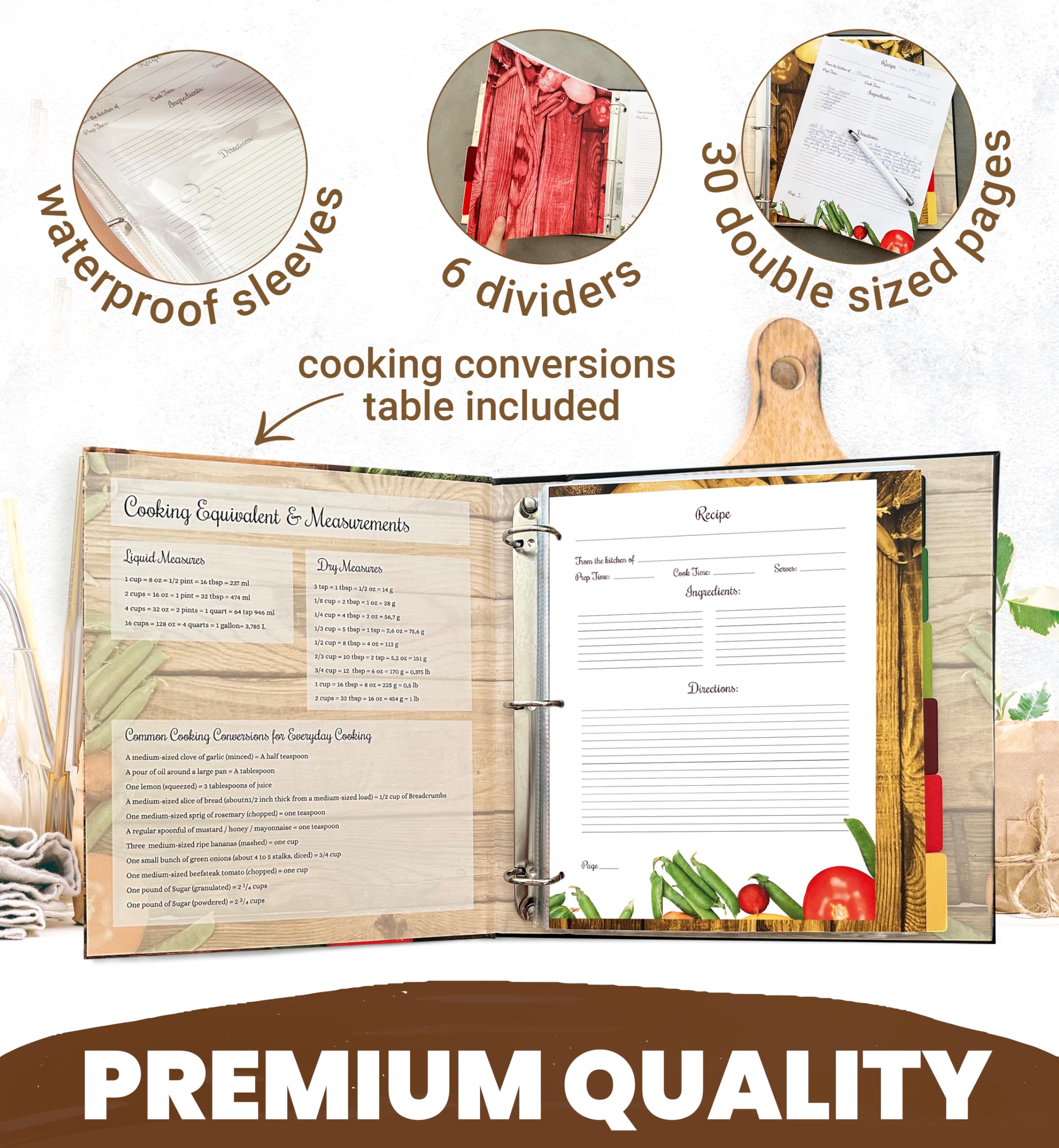 Libro di ricette per ricette con pennarello impermeabile, organizer per ricette, include penna, 30 protezioni, 30 pagine e 6 divisori, 27,9 x 30,5 cm, raccoglitore per ricette a 3 anelli, libro di