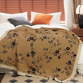 Cotton Throw Blanket - Floral Knit Blanket for Couch Bed Sofa, 51"x 62" All Season Ultra Soft Cozy Throws for Home Decor, Khaki/Black