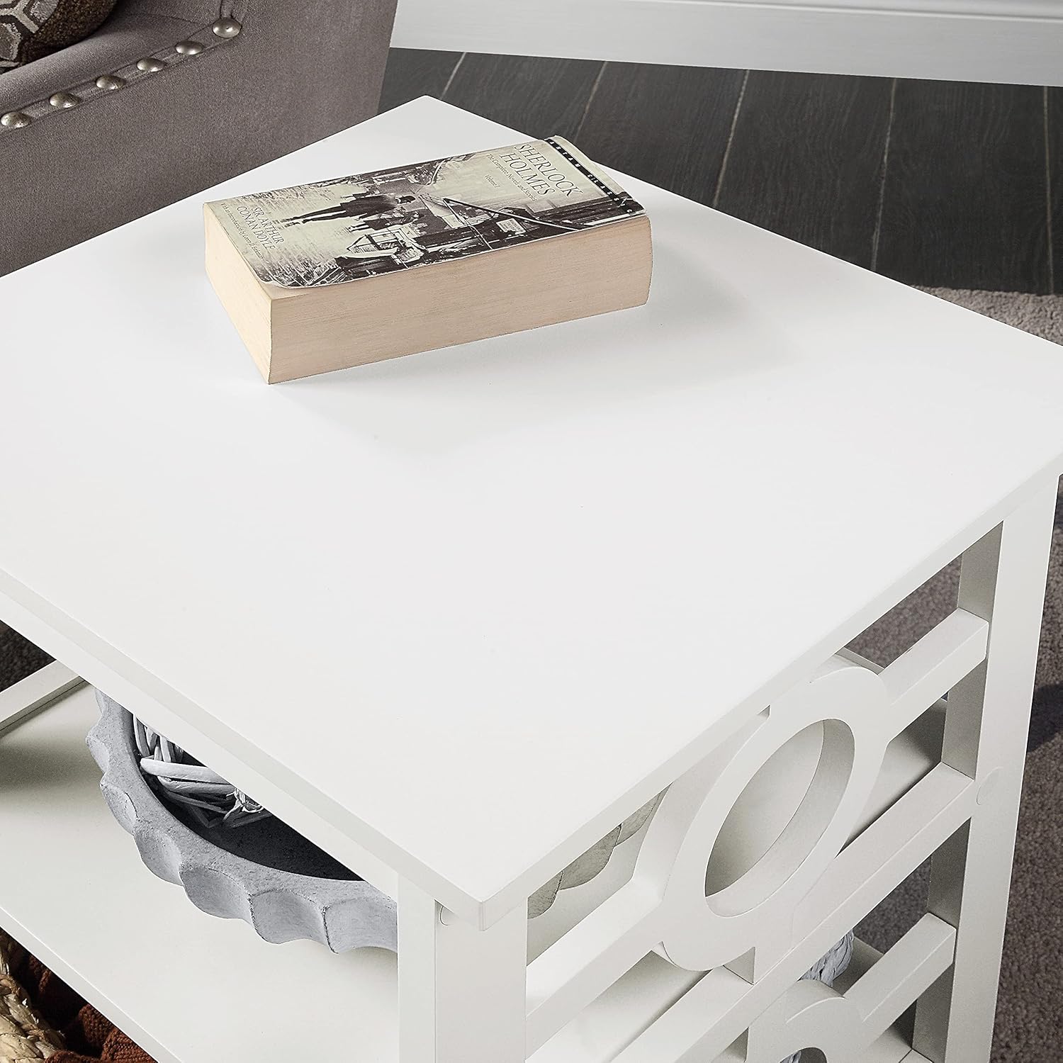 RAAMZO White Finish Wooden Circle Design Chair Side End Table Nightstand Phone Stand with 3-Tier Shelf