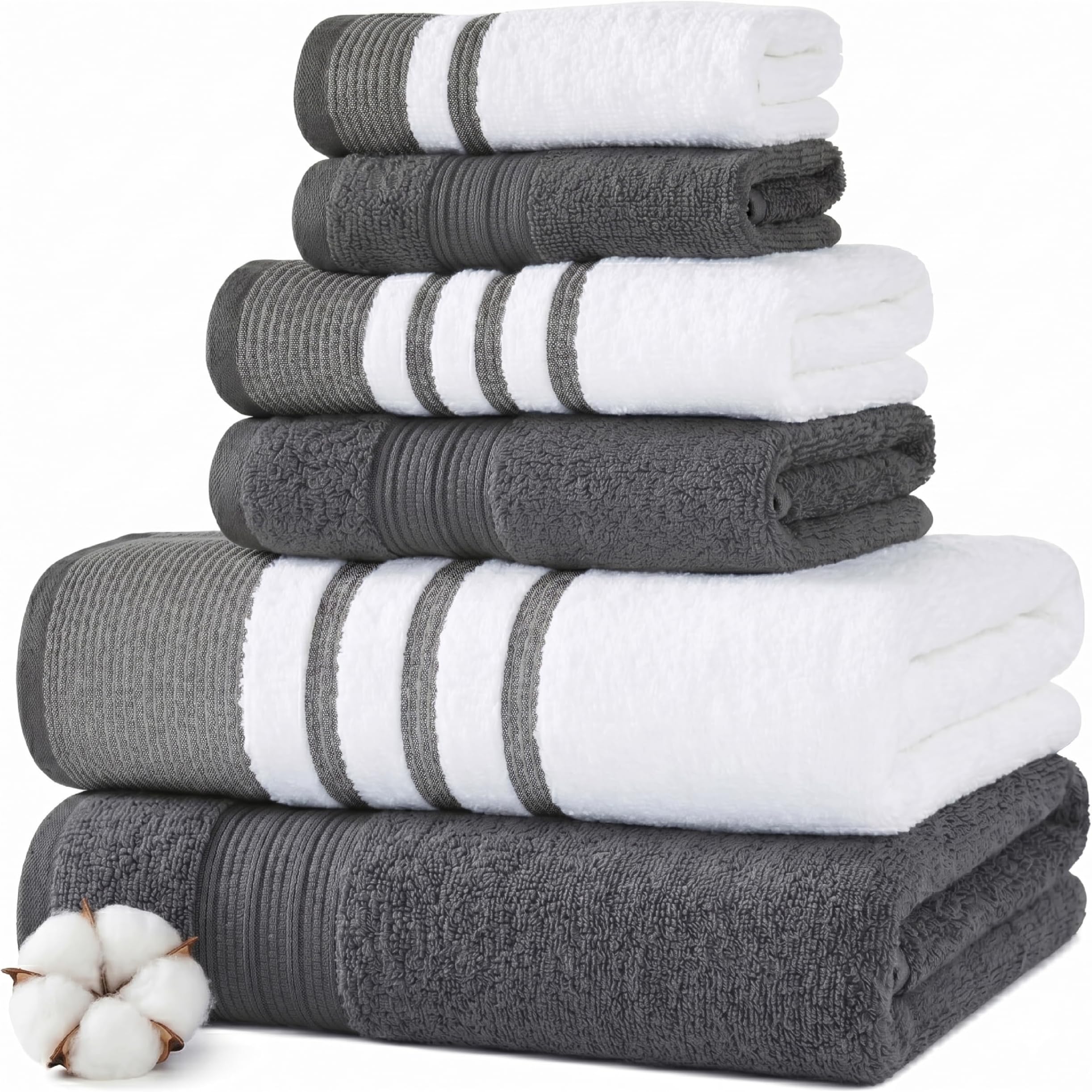 6-Piece Towel Set โ 100% Cotton, Quick Dry, Ultra Absorbent โ Includes 2 Bath, 2 Hand, 2 Washcloths (White/Reinhart Charcoal)