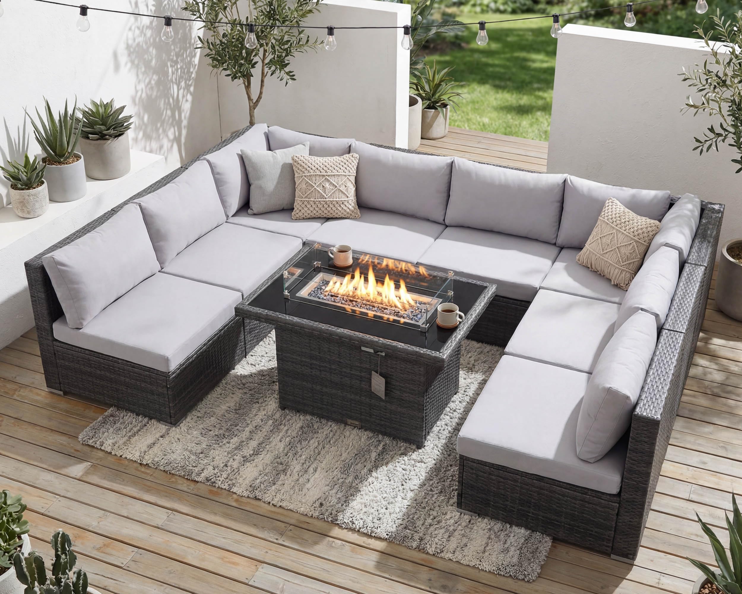 NICESOUL 29.3'' High Back Outdoor Patio Furniture Set with Firepit Natural Gas & Propane, 9 Piece Extra Large Conversation Set with Fire Pit Table,