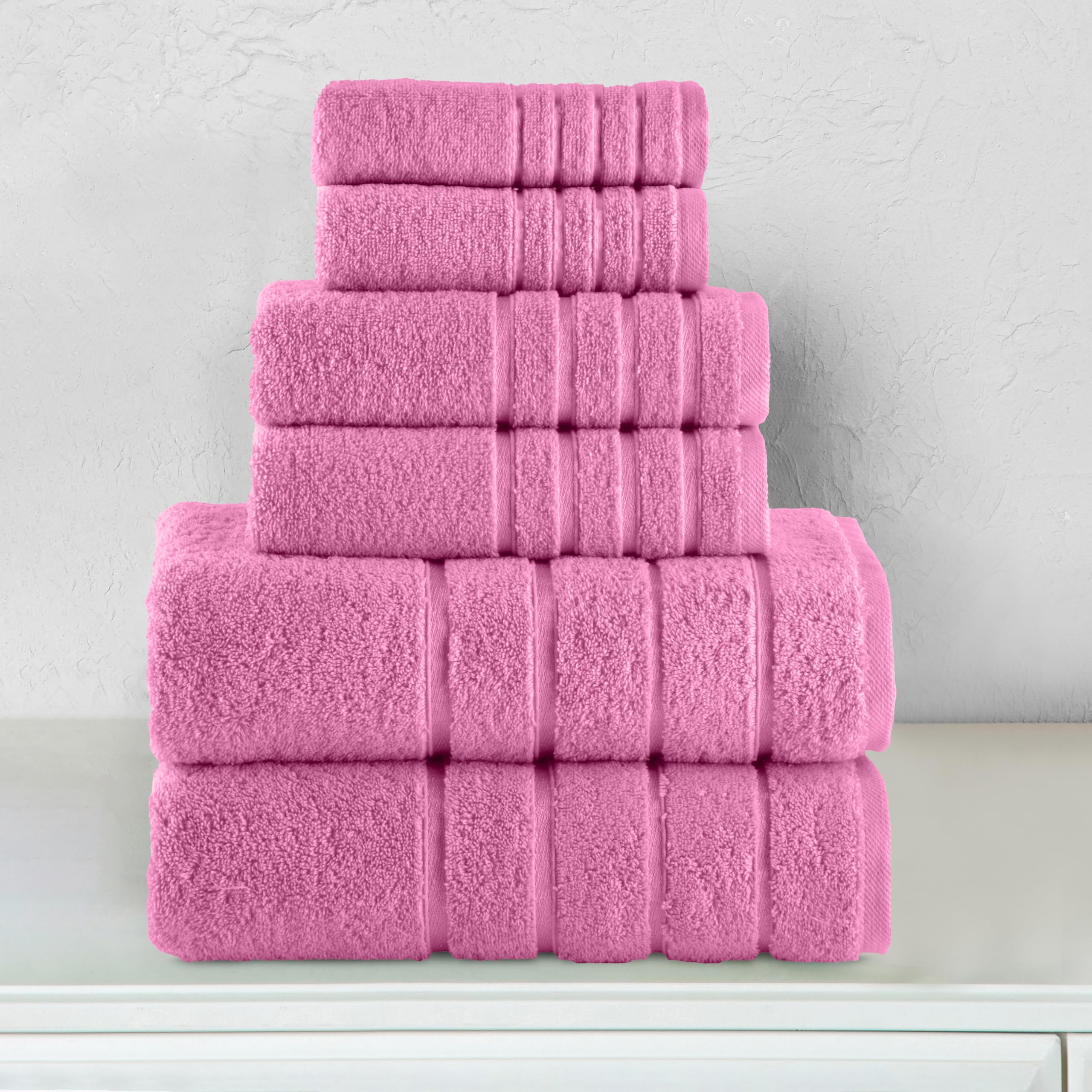 Elegant Comfort Set di 6 asciugamani in viscosa a 4 linee, di alta qualità, 100% cotone turco, ad alta assorbenza, include 2 salviette, 2 asciugamani per le mani e 2 teli da bagno, rosa chiaro