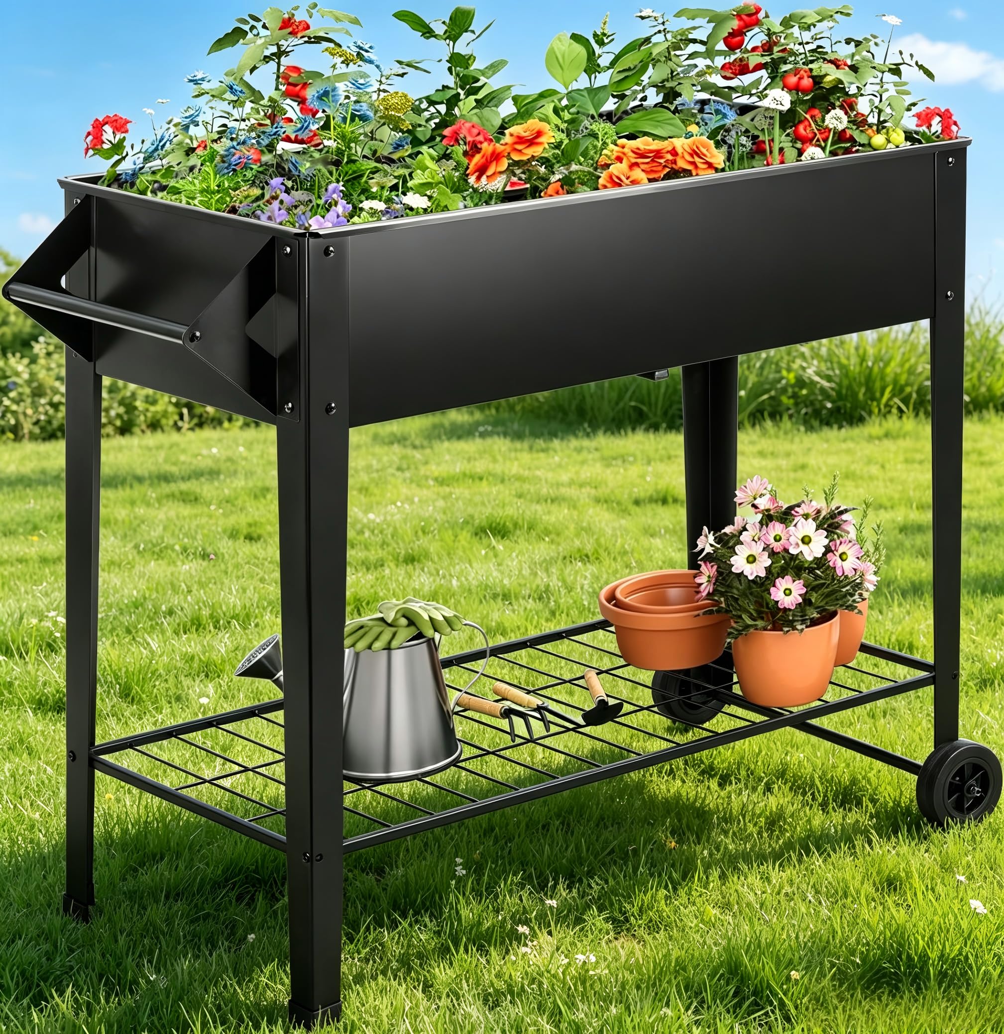 Kendane Metal Raised Garden Bed Outdoor Planter Box with Drainage Holes, Wheels, Handle and Bottom Shelf for Growing Vegetables Flowers Herbs Fruits, Plants Indoor Patio Balcony Backyard